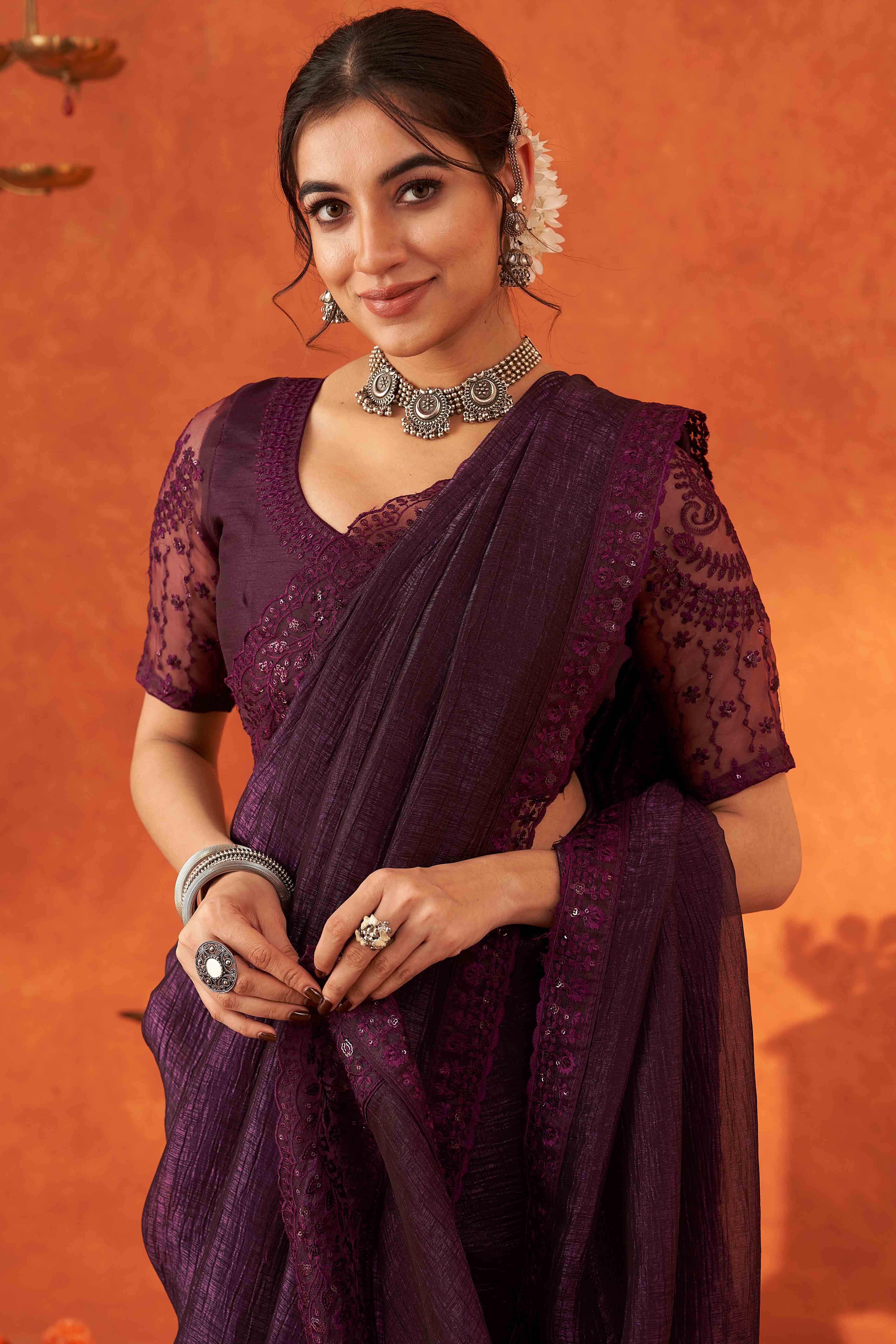 Wine Embroidered Crunchy Soft Net Saree With Embellished Border