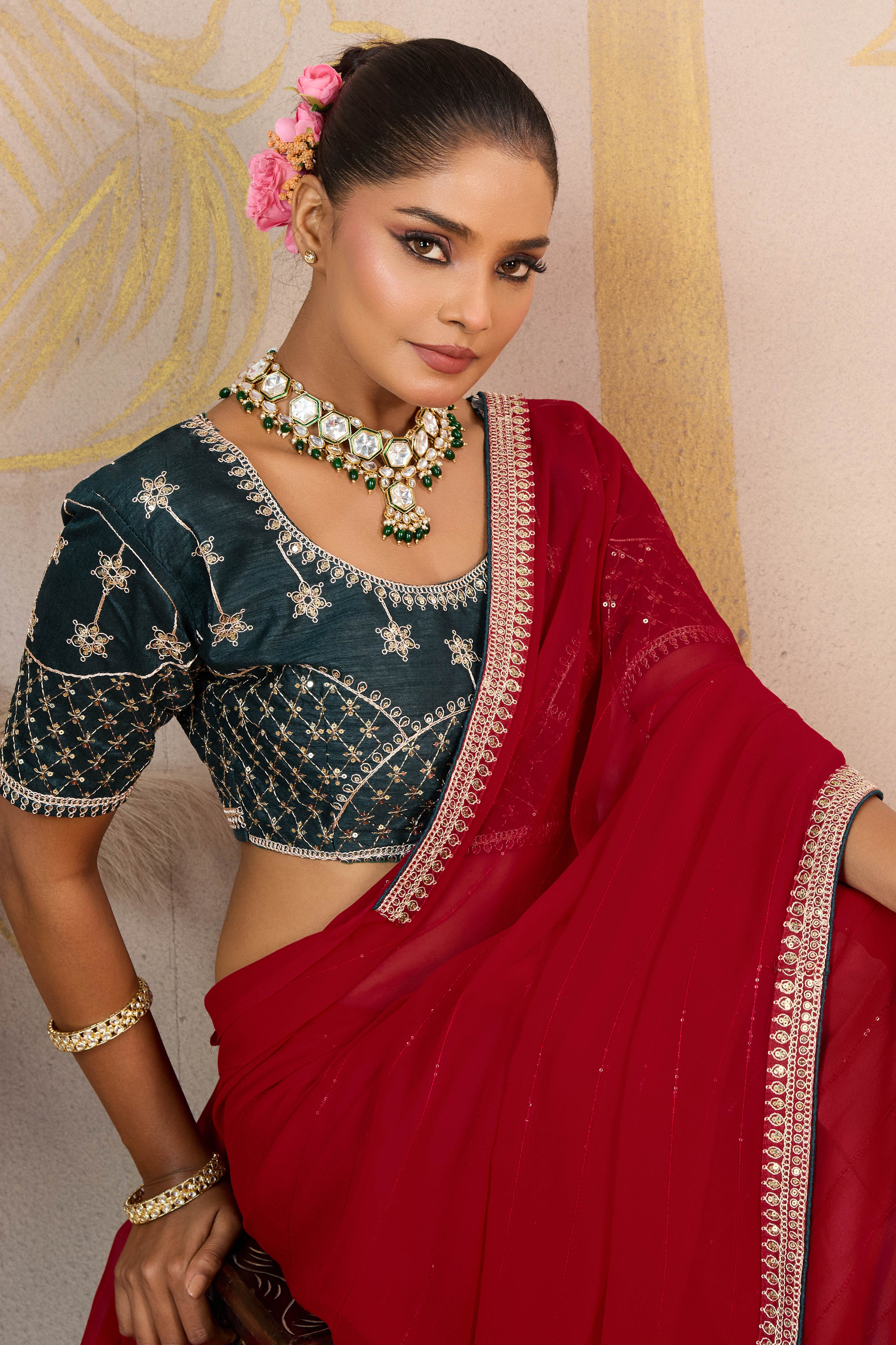 Red Zari Embroidered Georgette Saree Accented With Sequins