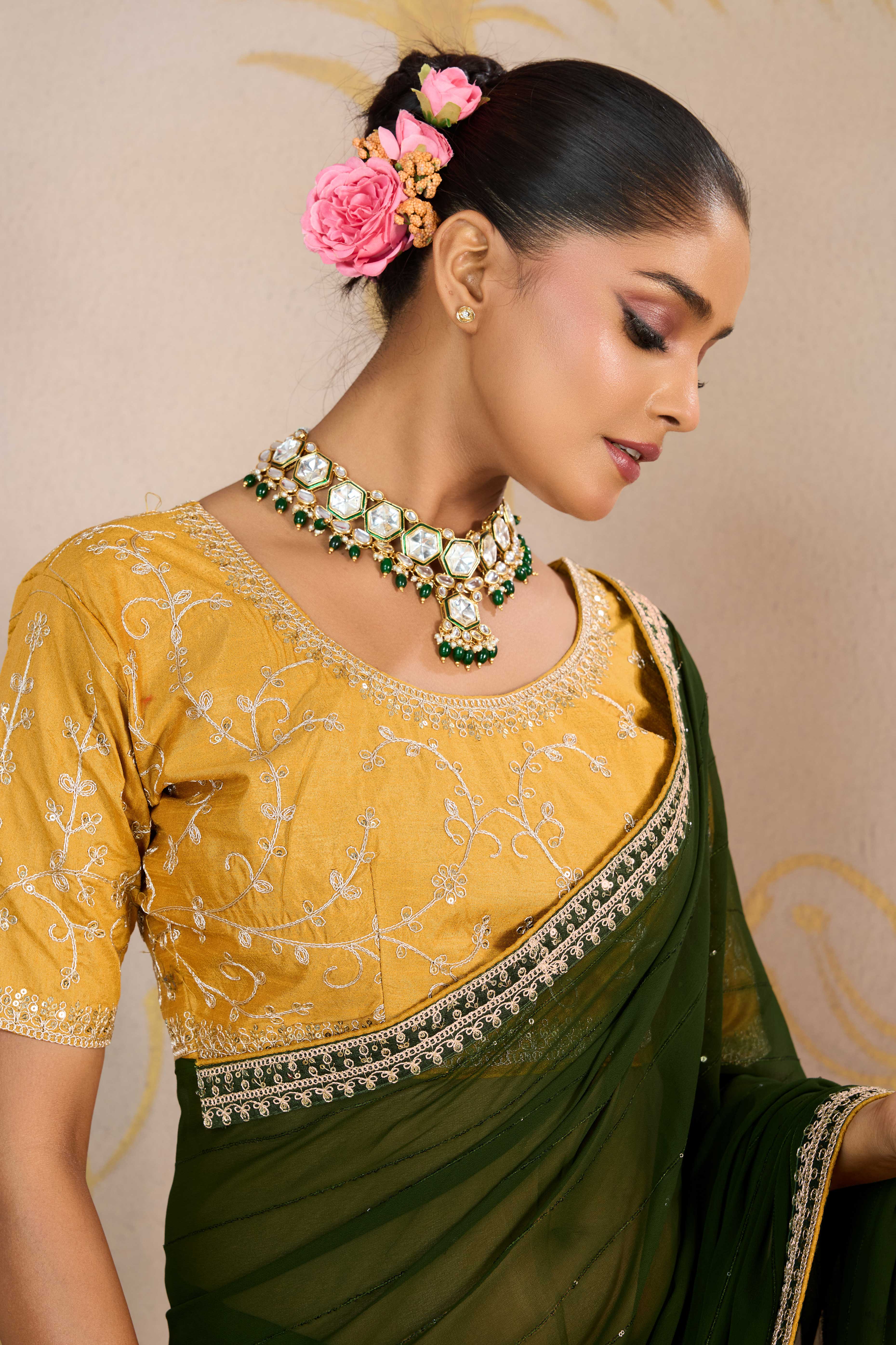 Mehendi Green Zari Embroidered Georgette Saree Accented With Sequins