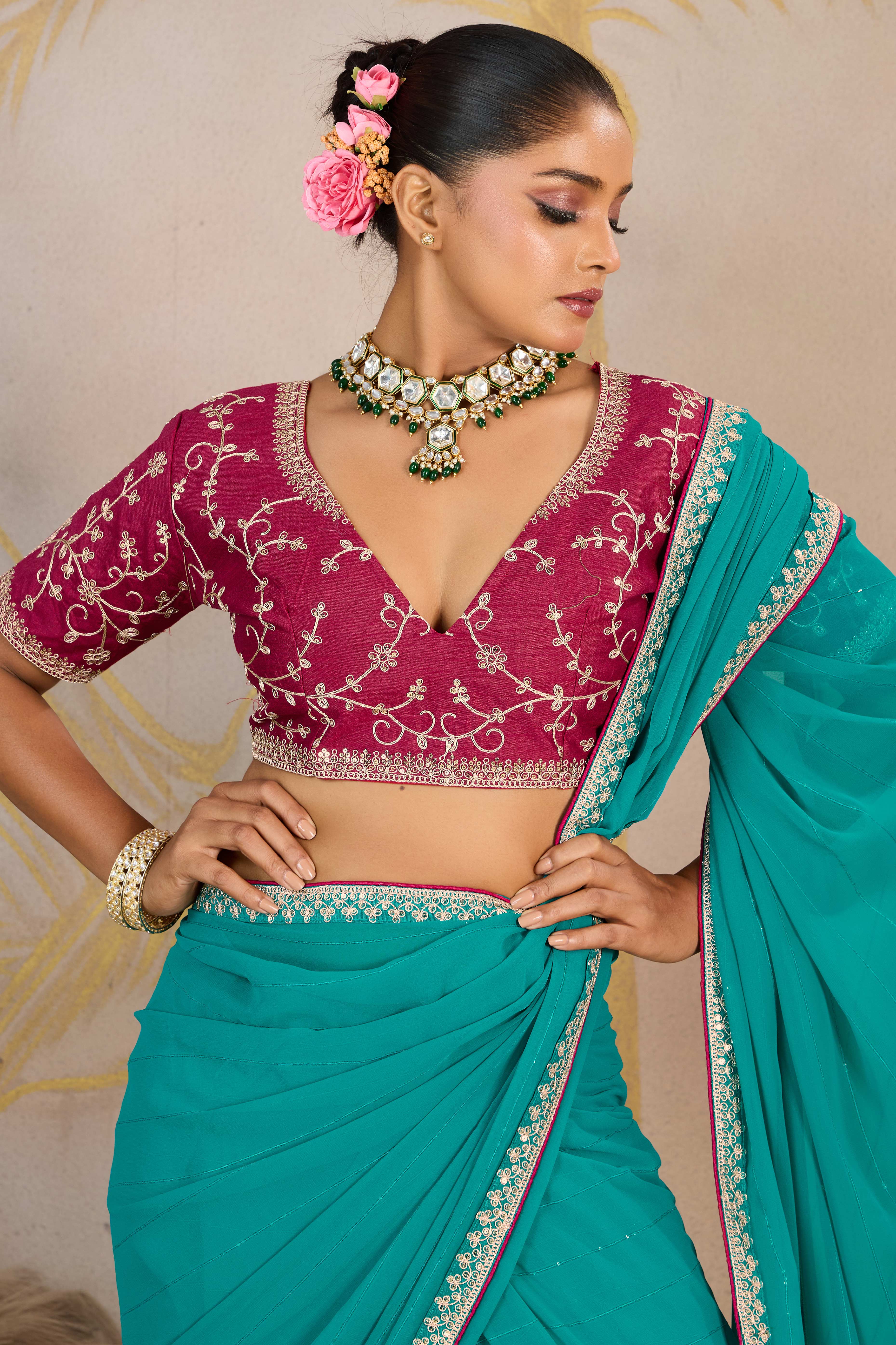 Sky Blue Zari Embroidered Georgette Saree Accented With Sequins