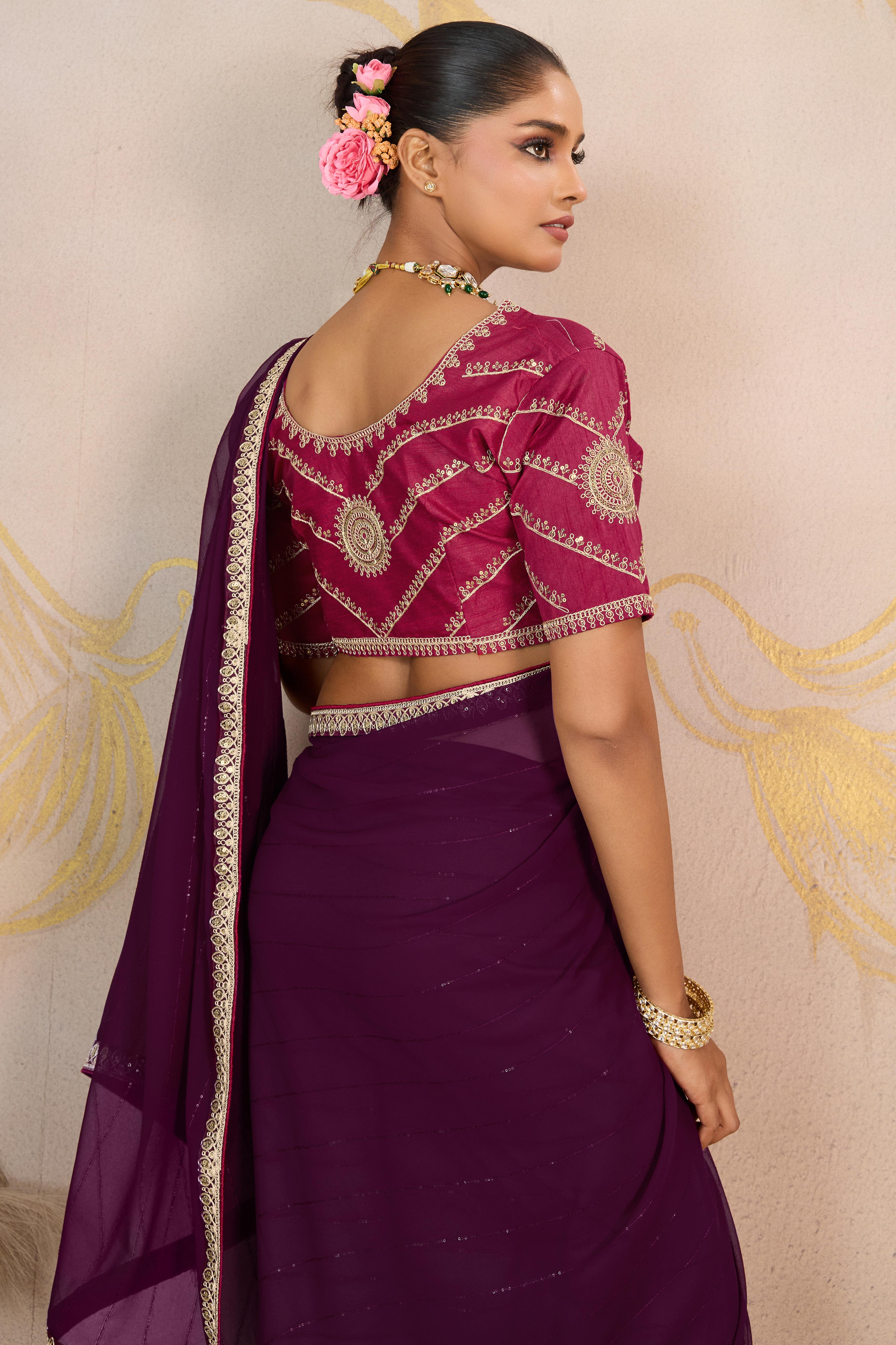 Wine Zari Embroidered Georgette Saree Accented With Sequins
