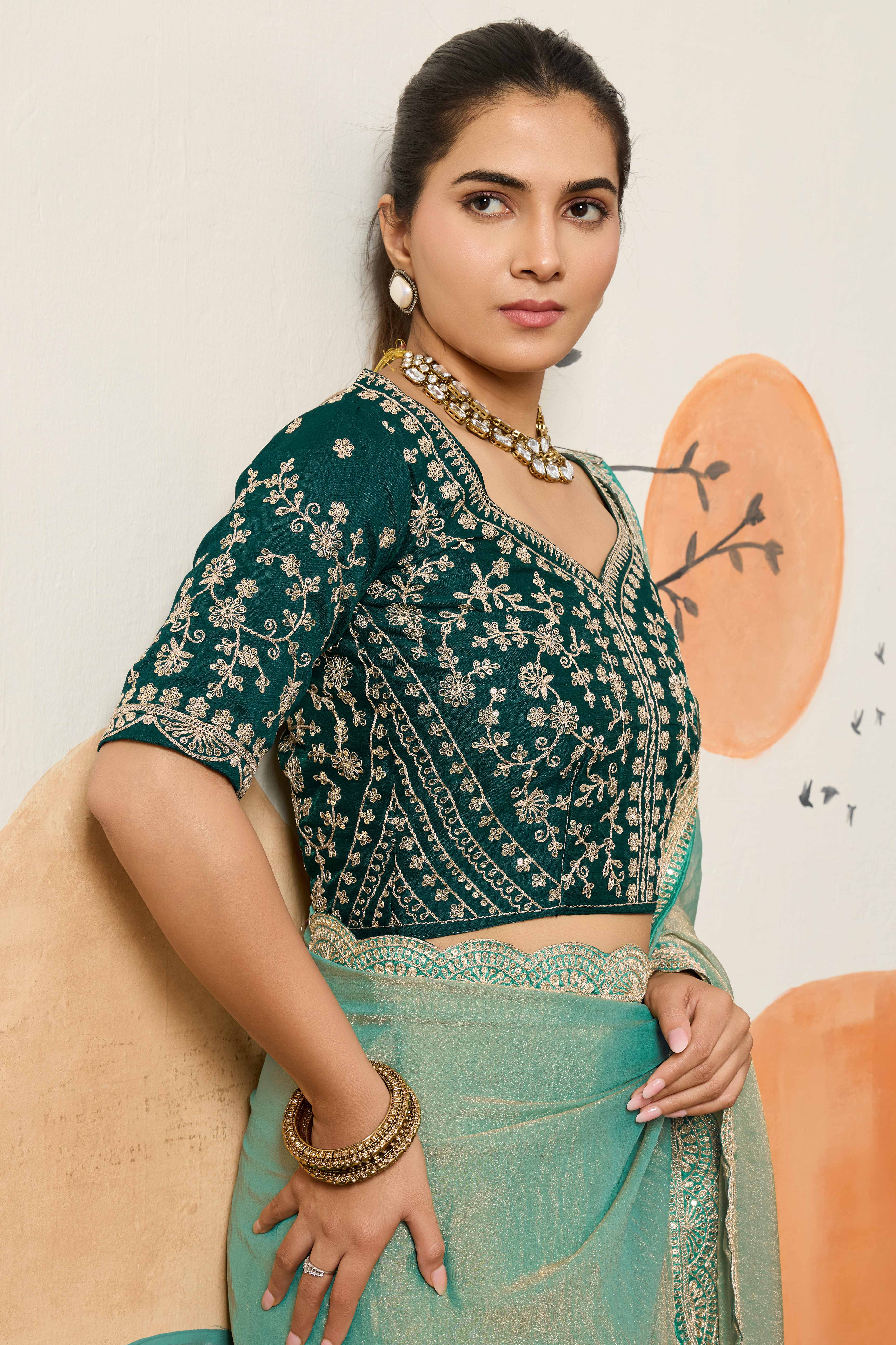 Sophisticated Sea Green Solid Moss Orgnaza Saree With Intricate Cording Sequins Embroidery Border