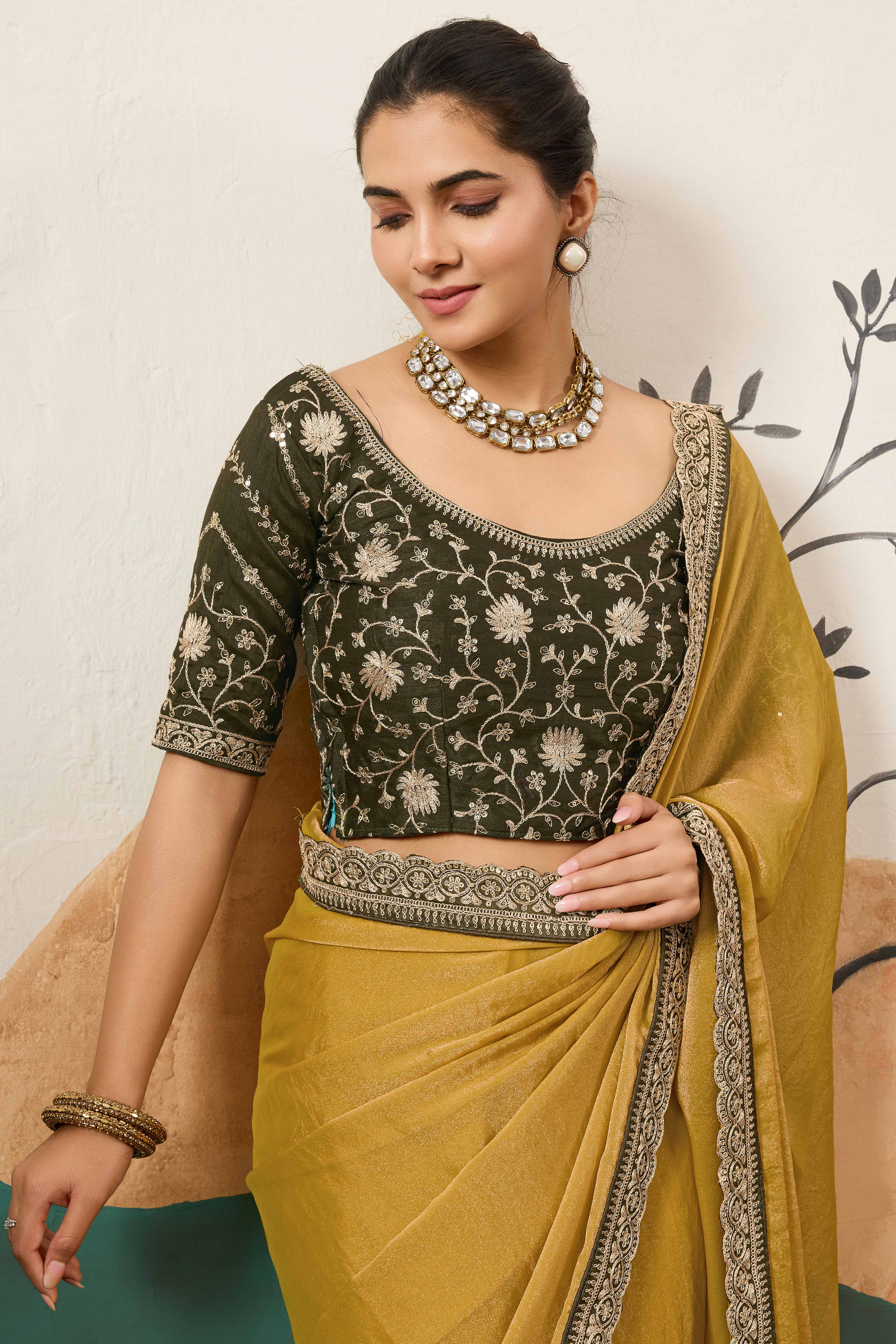 Sophisticated Dark Mustard Solid Moss Orgnaza Saree With Intricate Cording Sequin Embroidery Border