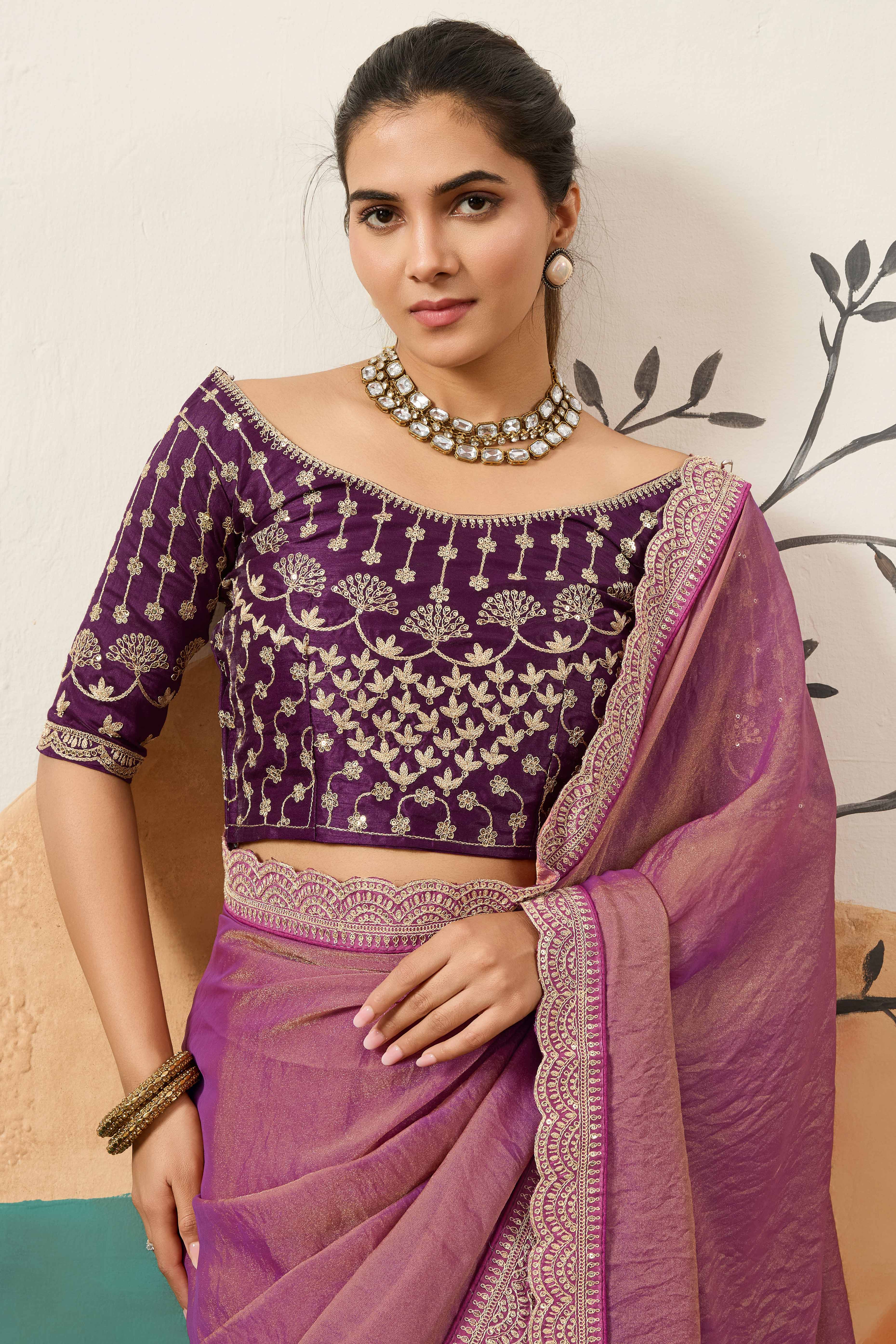 Sophisticated Purple Solid Moss Orgnaza Saree With Intricate Cording Sequins Embroidery Border