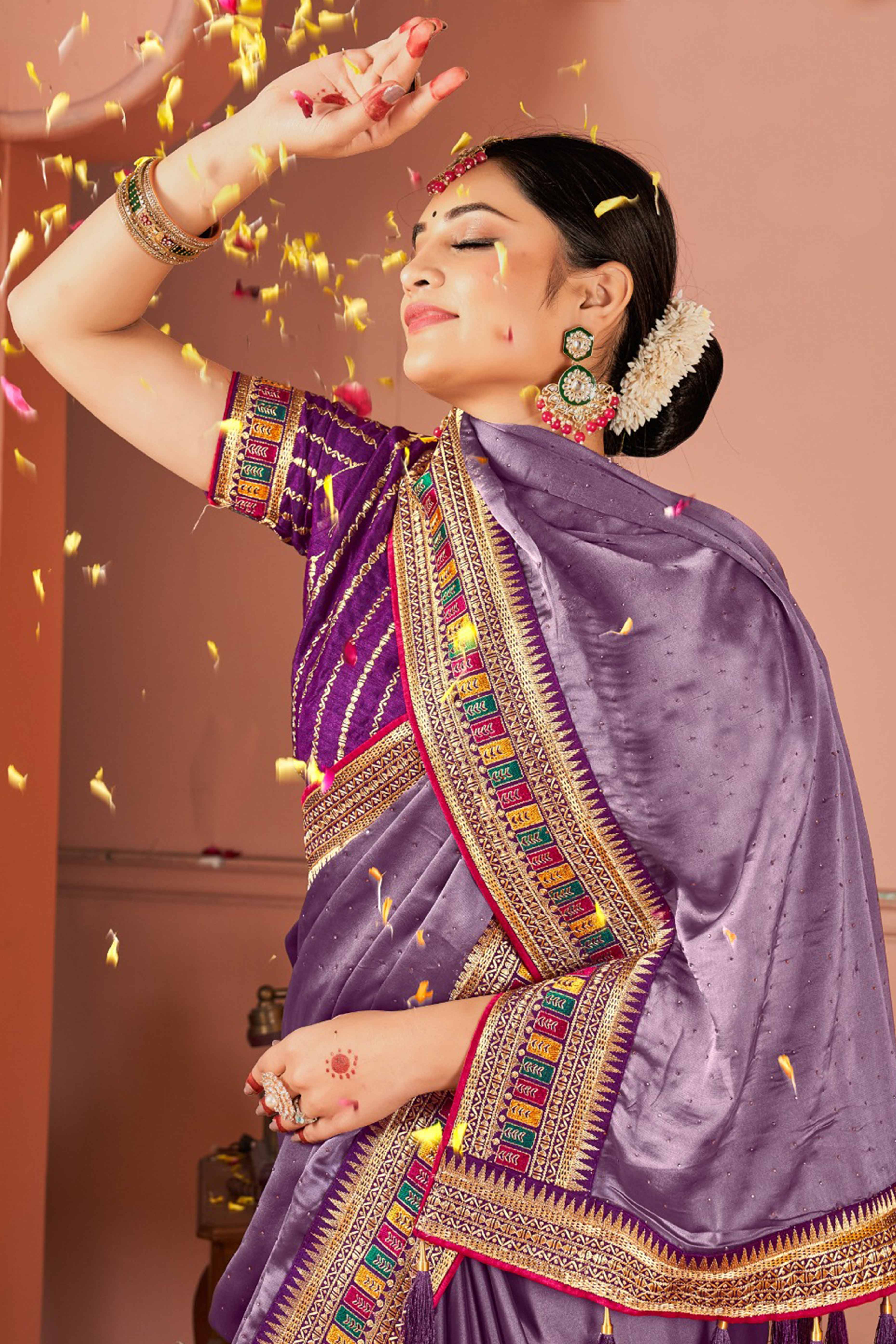 Lavender Swarovski Work Satin Rangoli Saree With Embroidered Border