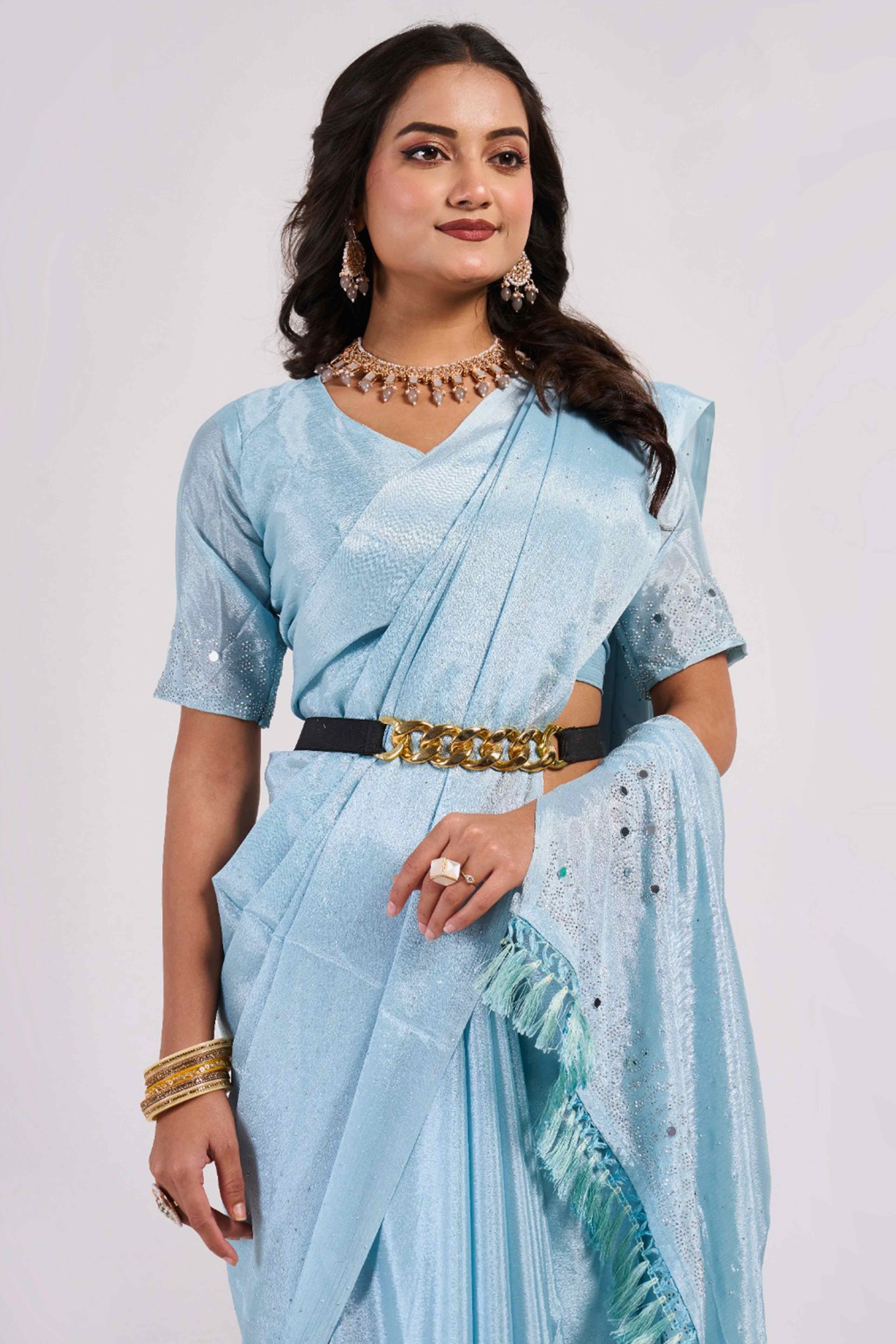 Blue Swarovski With Mirror Work Chinon Saree
