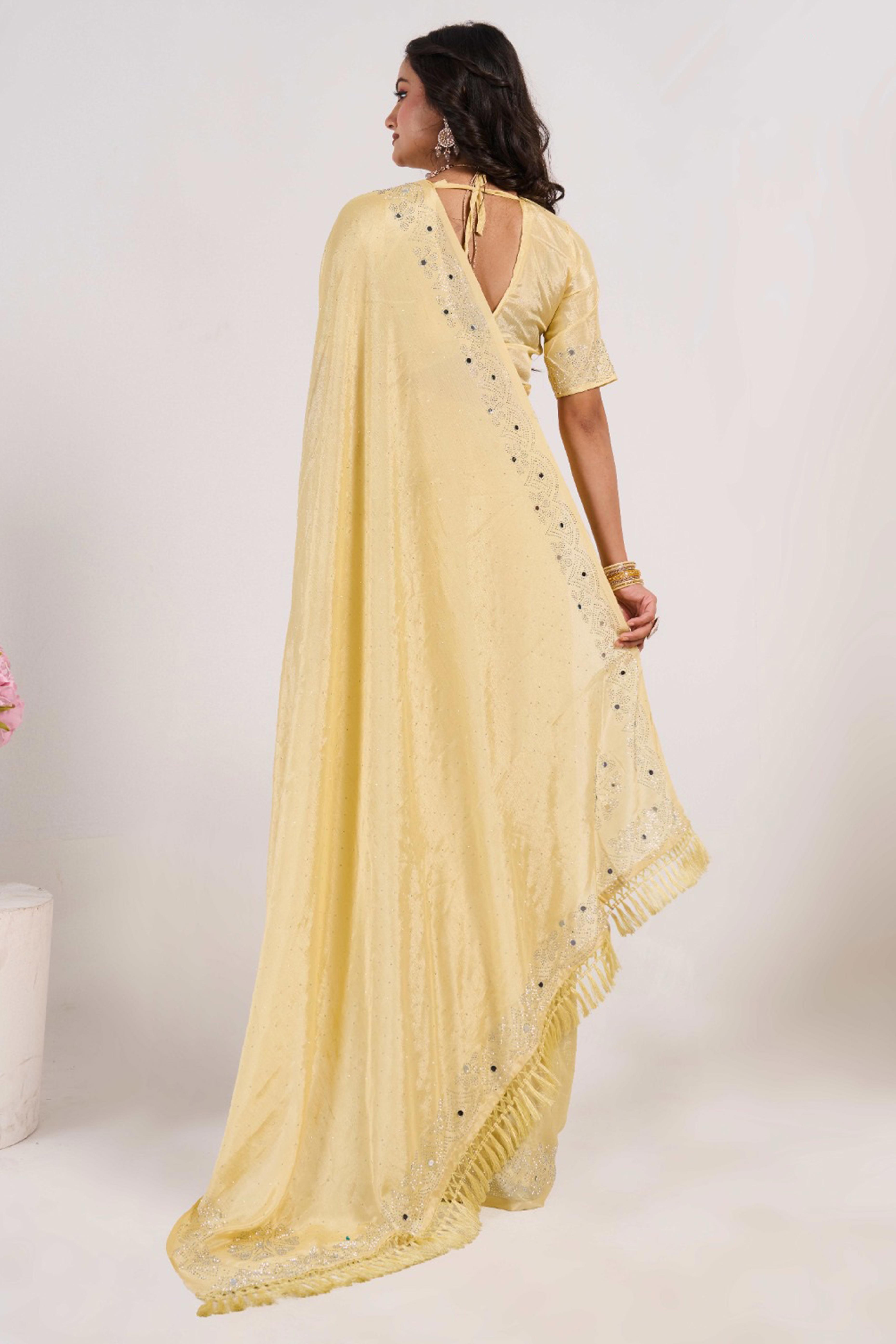 Light Yellow Swarovski With Mirror Work Chinon Saree