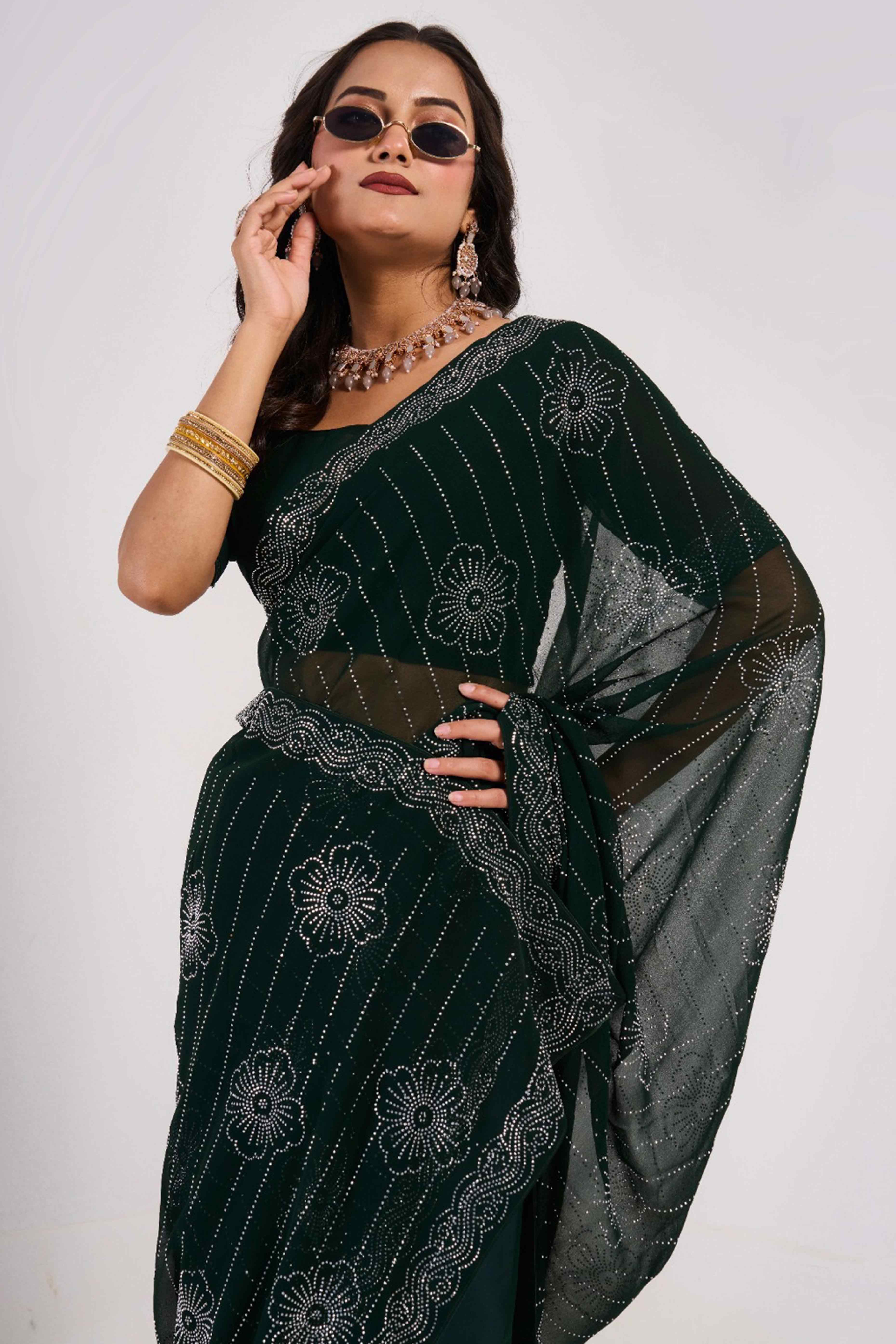 Dark Green Swarovski Work Georgette Saree