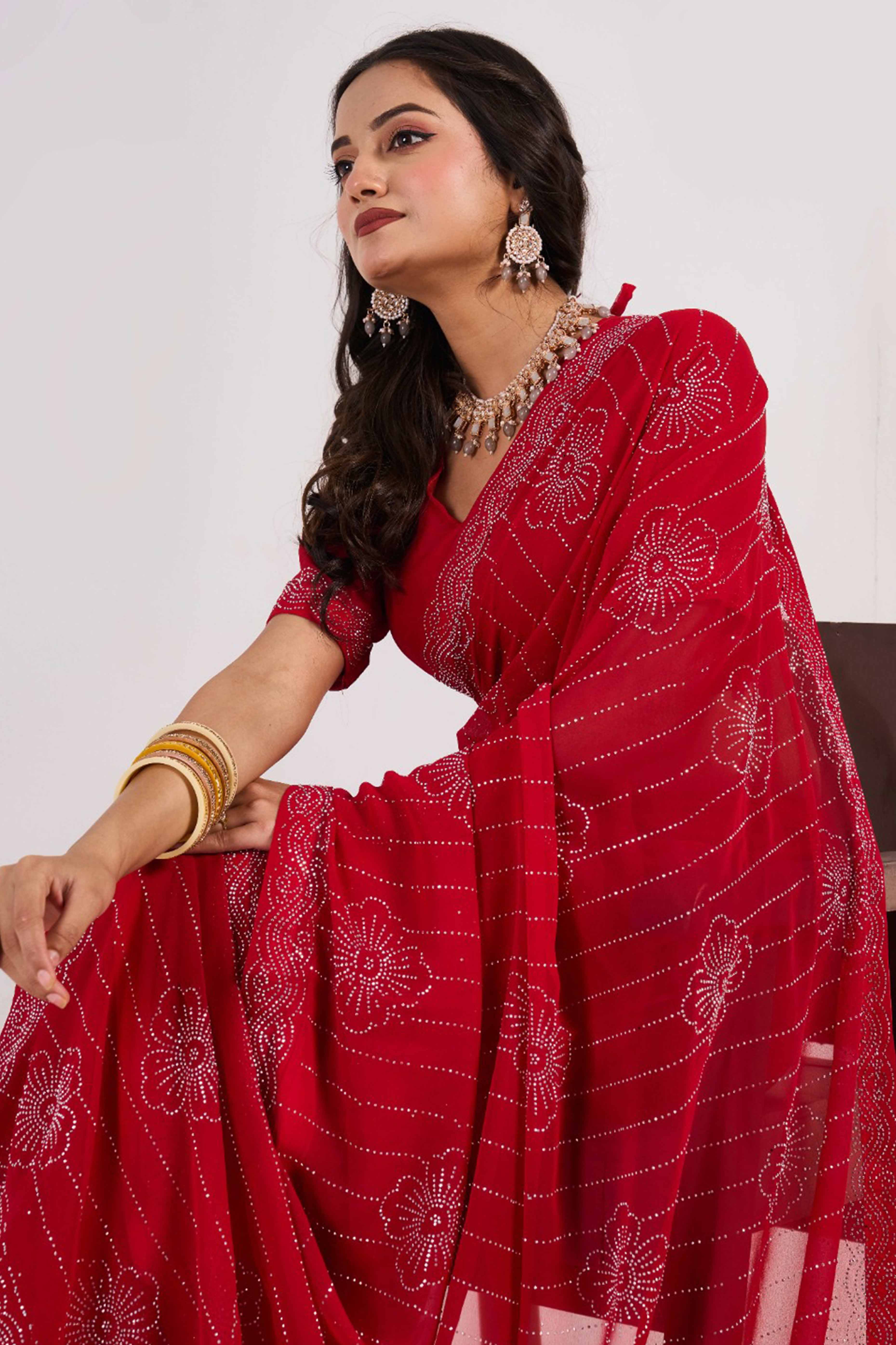Cherry Red Swarovski Work Georgette Saree