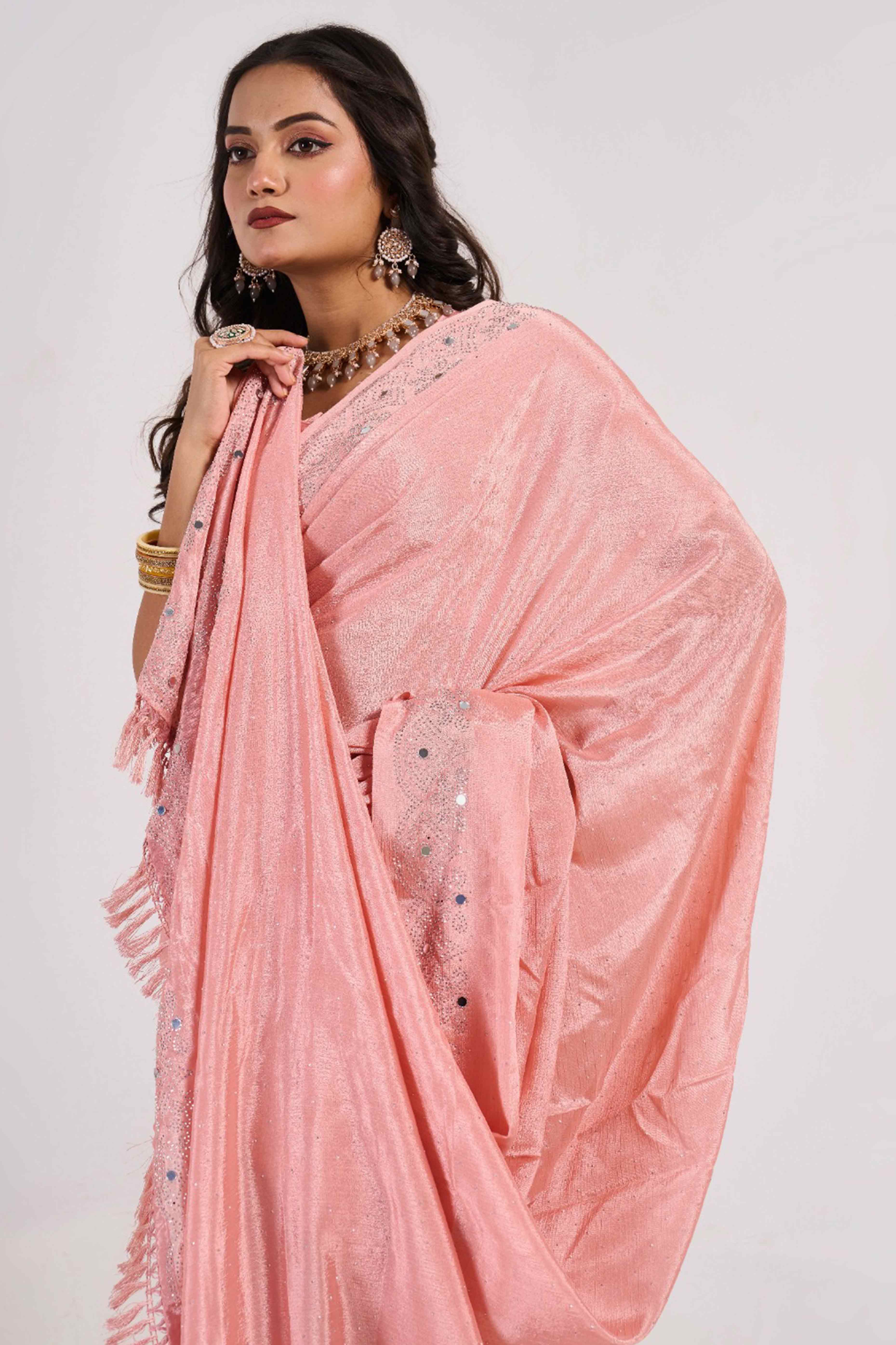 Peach Swarovski With Mirror Work Chinon Saree
