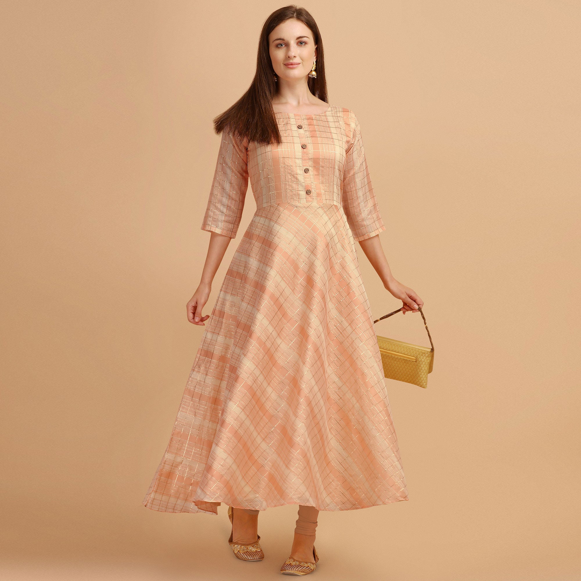 Peach Printed Chanderi Maxi Dress