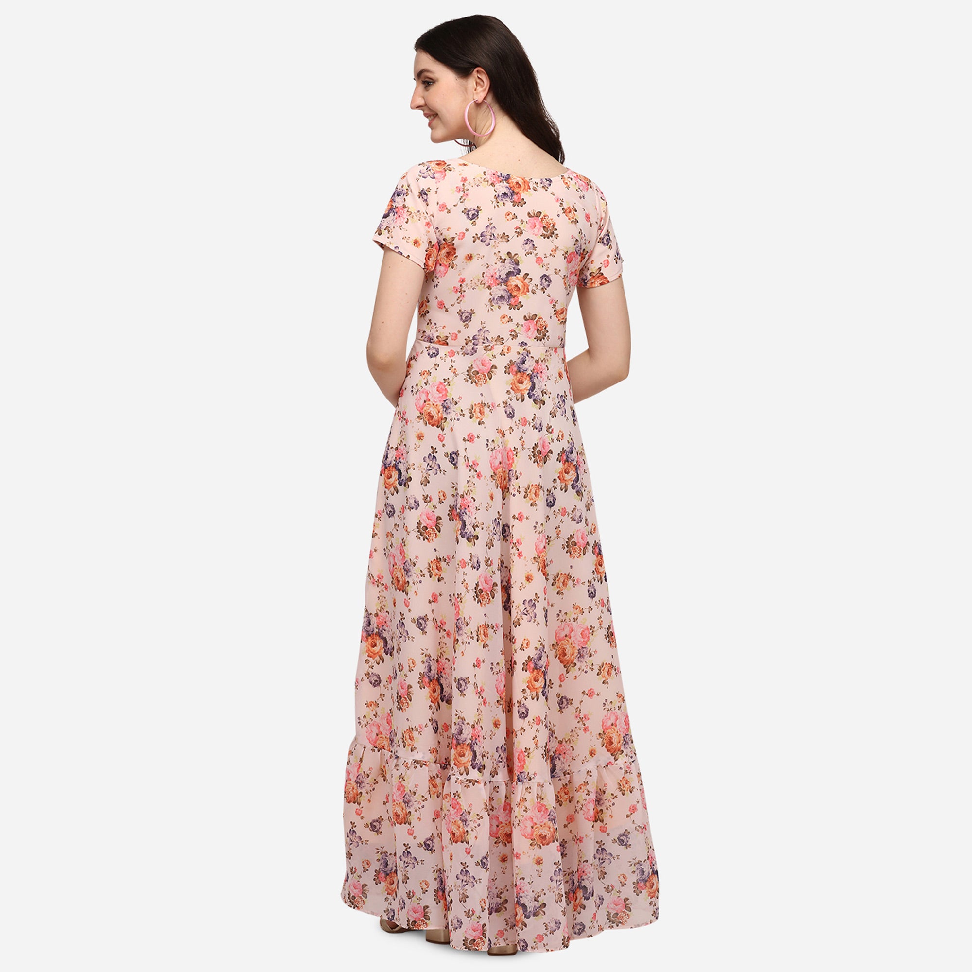 Cream Floral Printed Georgette Dress