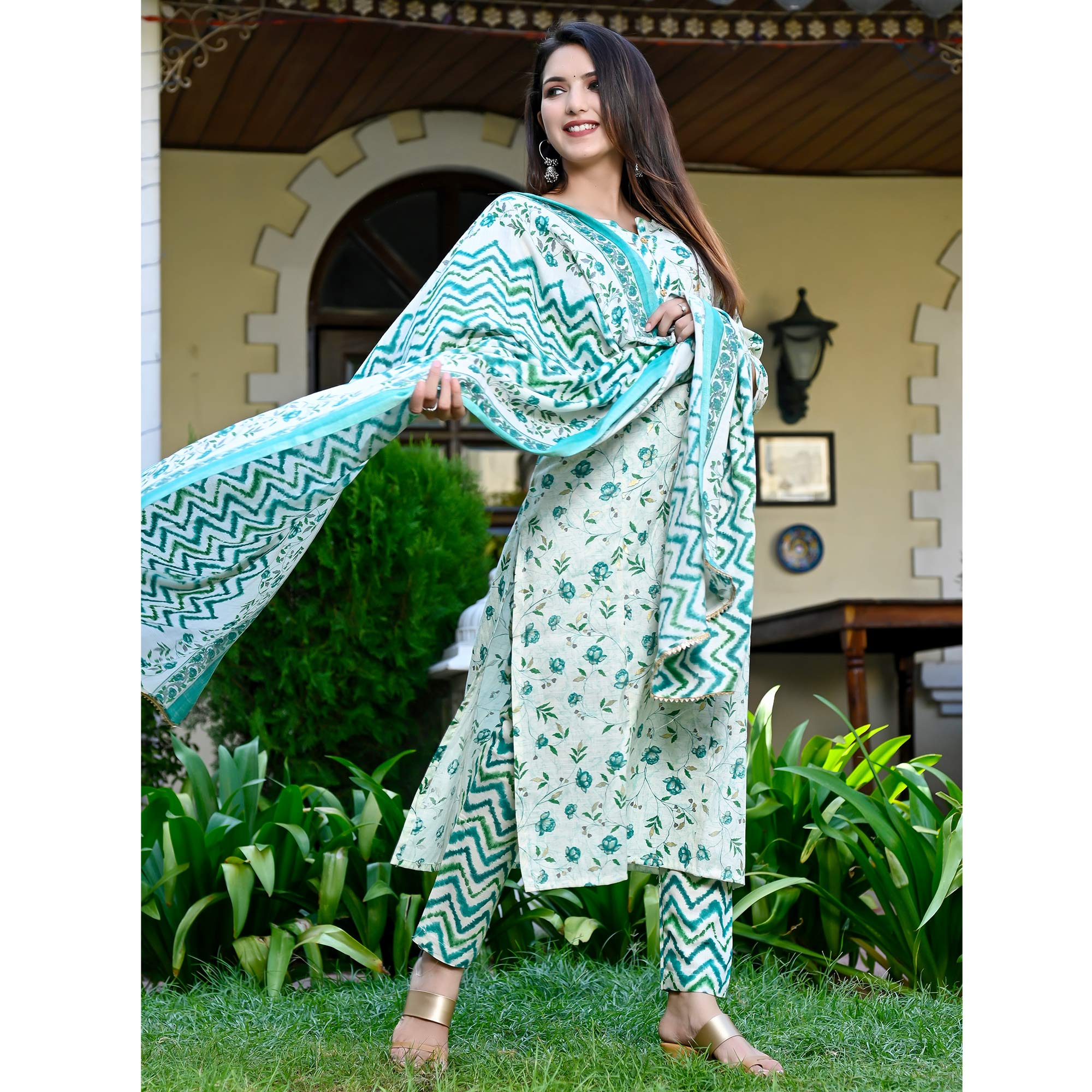 White And Green Floral Foil Printed Rayon Suit