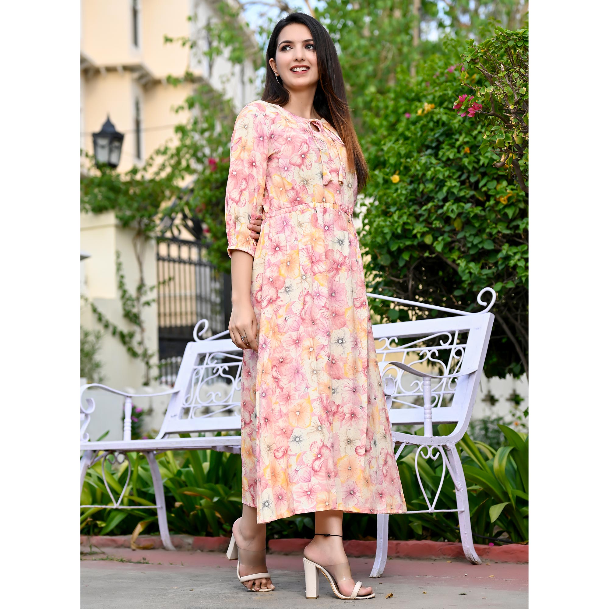 Pink Floral Printed Rayon Dress