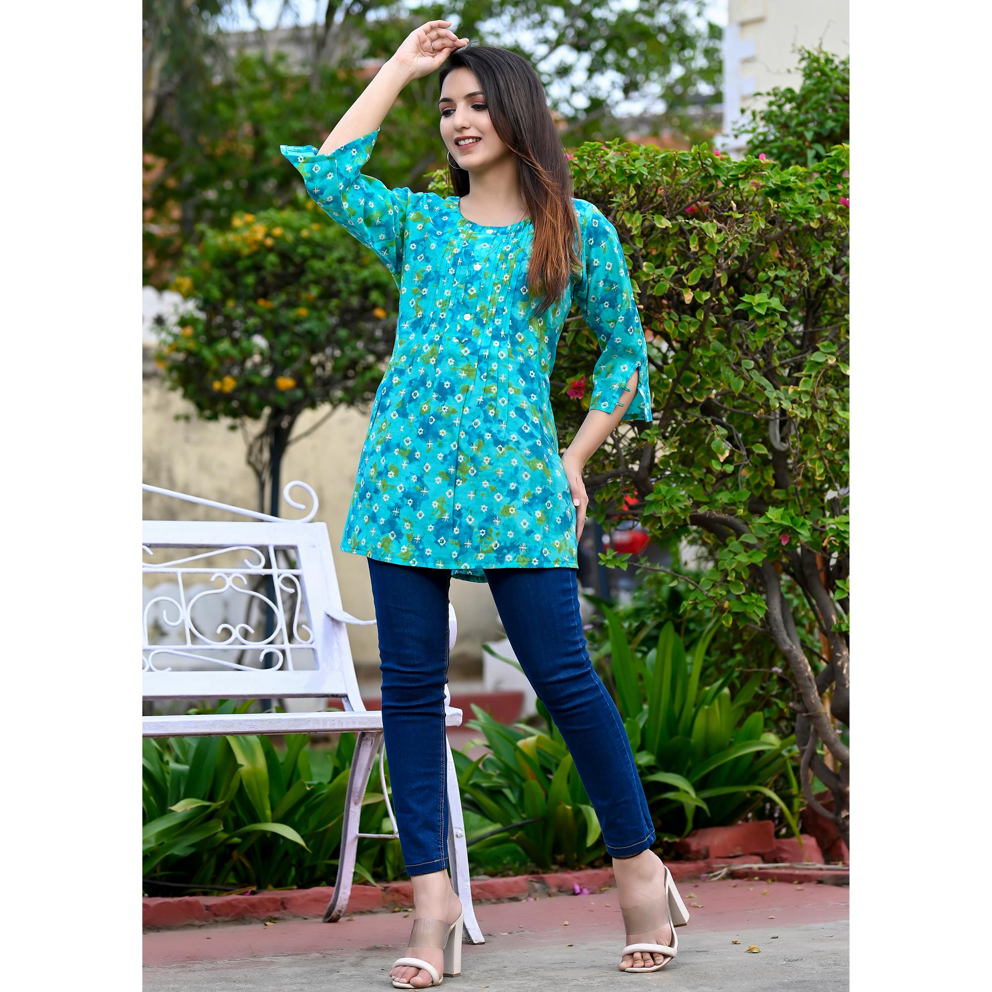 Turquoise Printed Chanderi Top