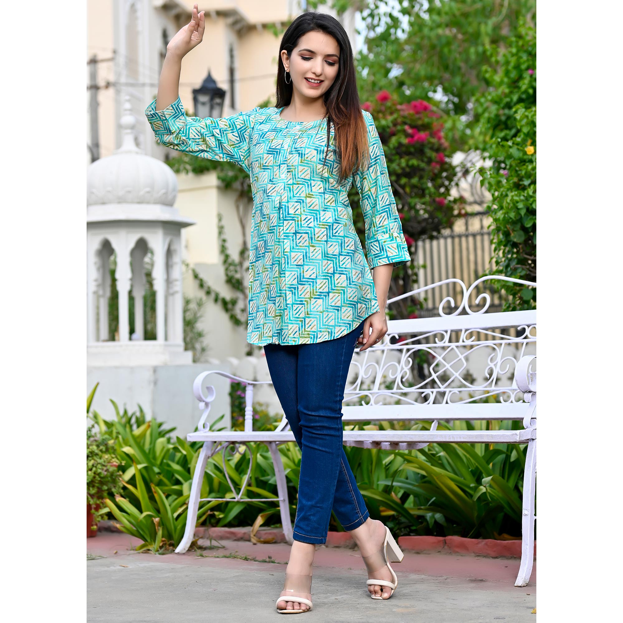 Aqua Blue Printed Chanderi Top