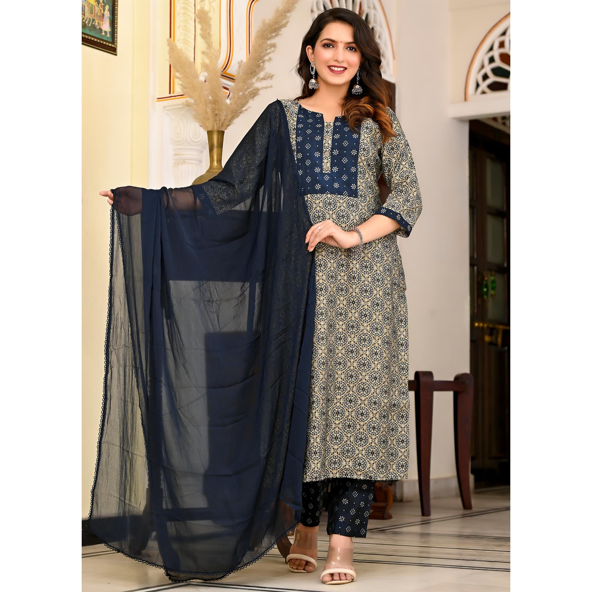 Blue Printed Chanderi Suit