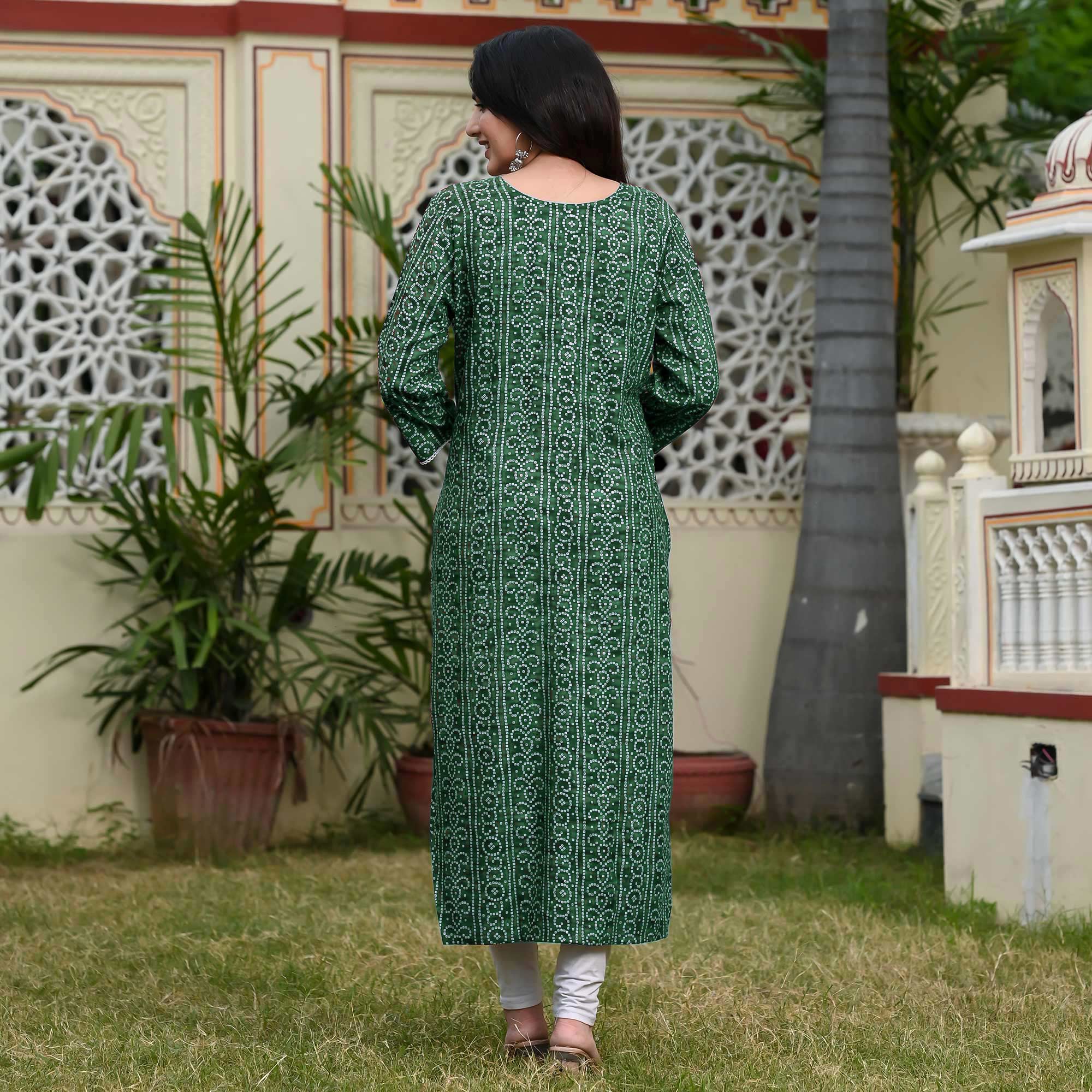 Green Foil Bandhani Printed With Embroidered Rayon Kurti