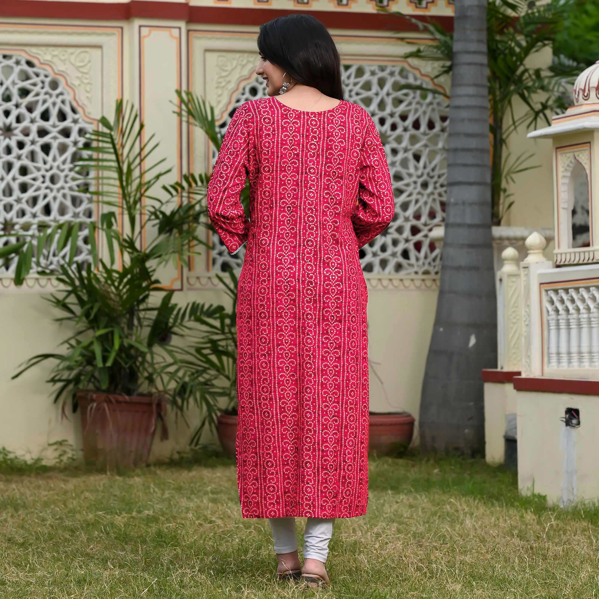 Red Foil Bandhani Printed With Embroidered Rayon Kurti