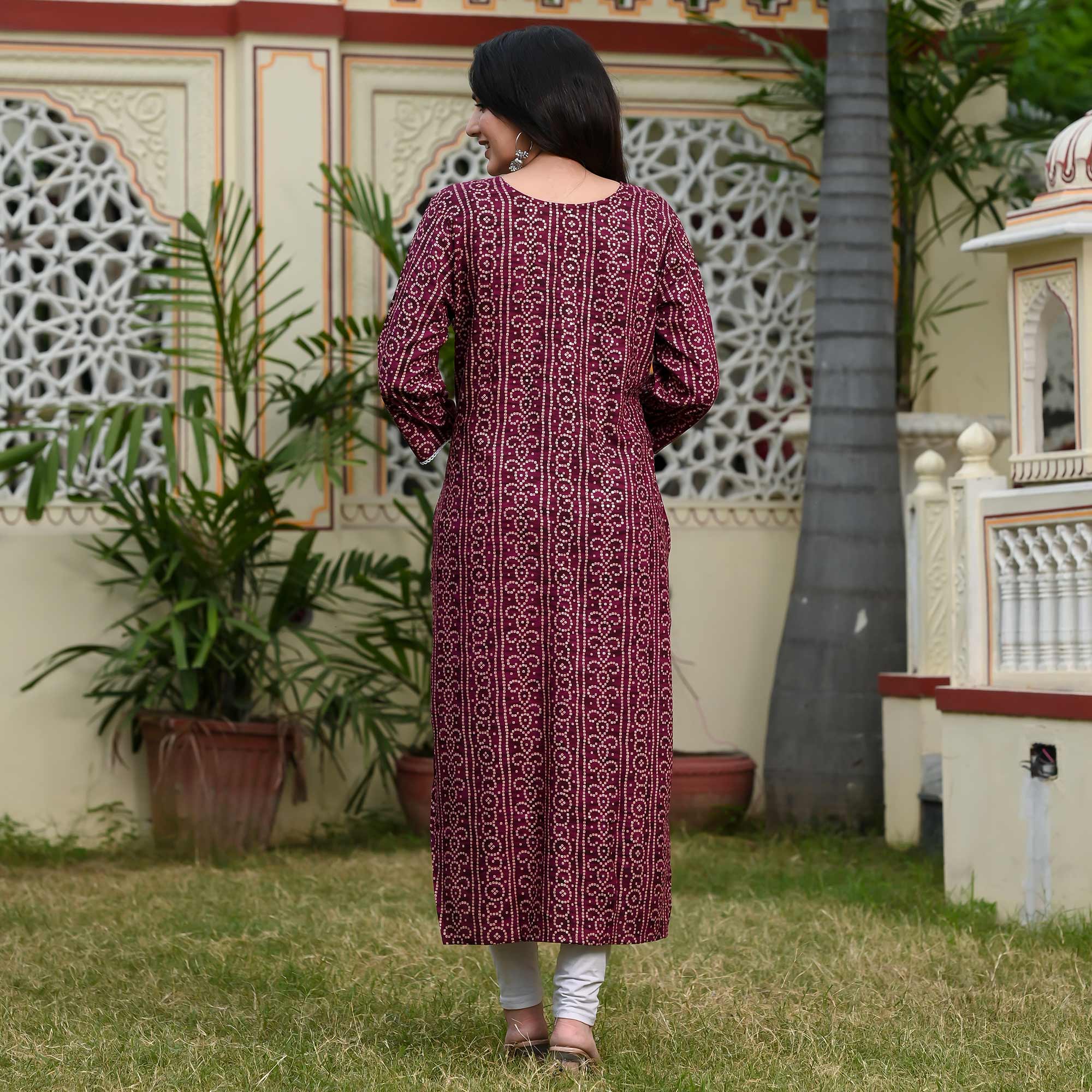 Wine Foil Bandhani Printed With Embroidered Rayon Kurti