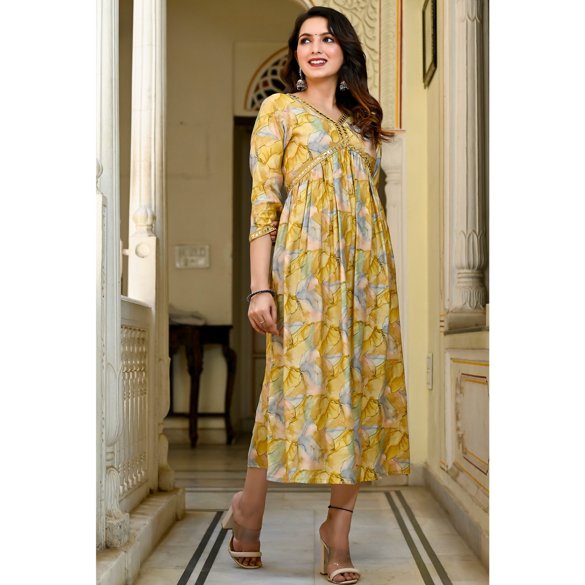 Yellow Printed Chanderi Alia Cut Kurti