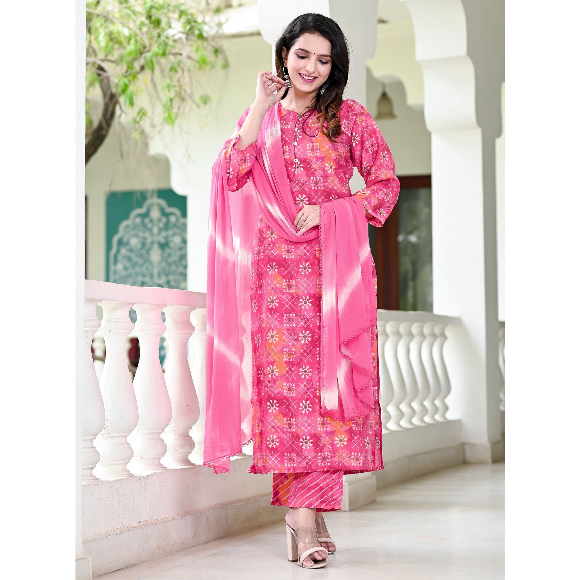 Pink Floral Printed Chanderi Suit