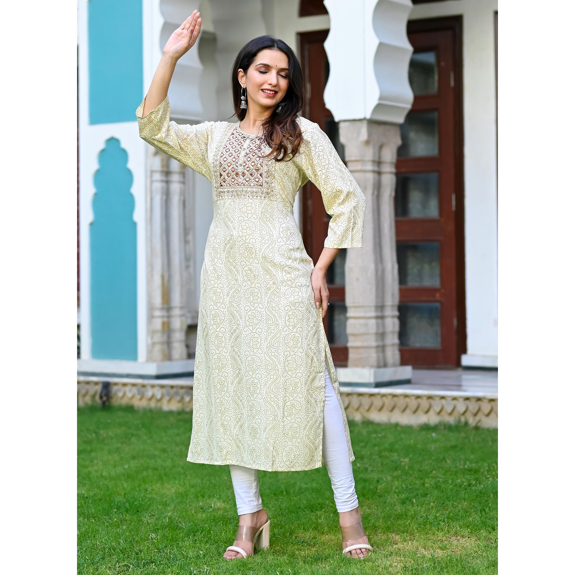 Offwhite Floral Foil Printed Rayon Kurti