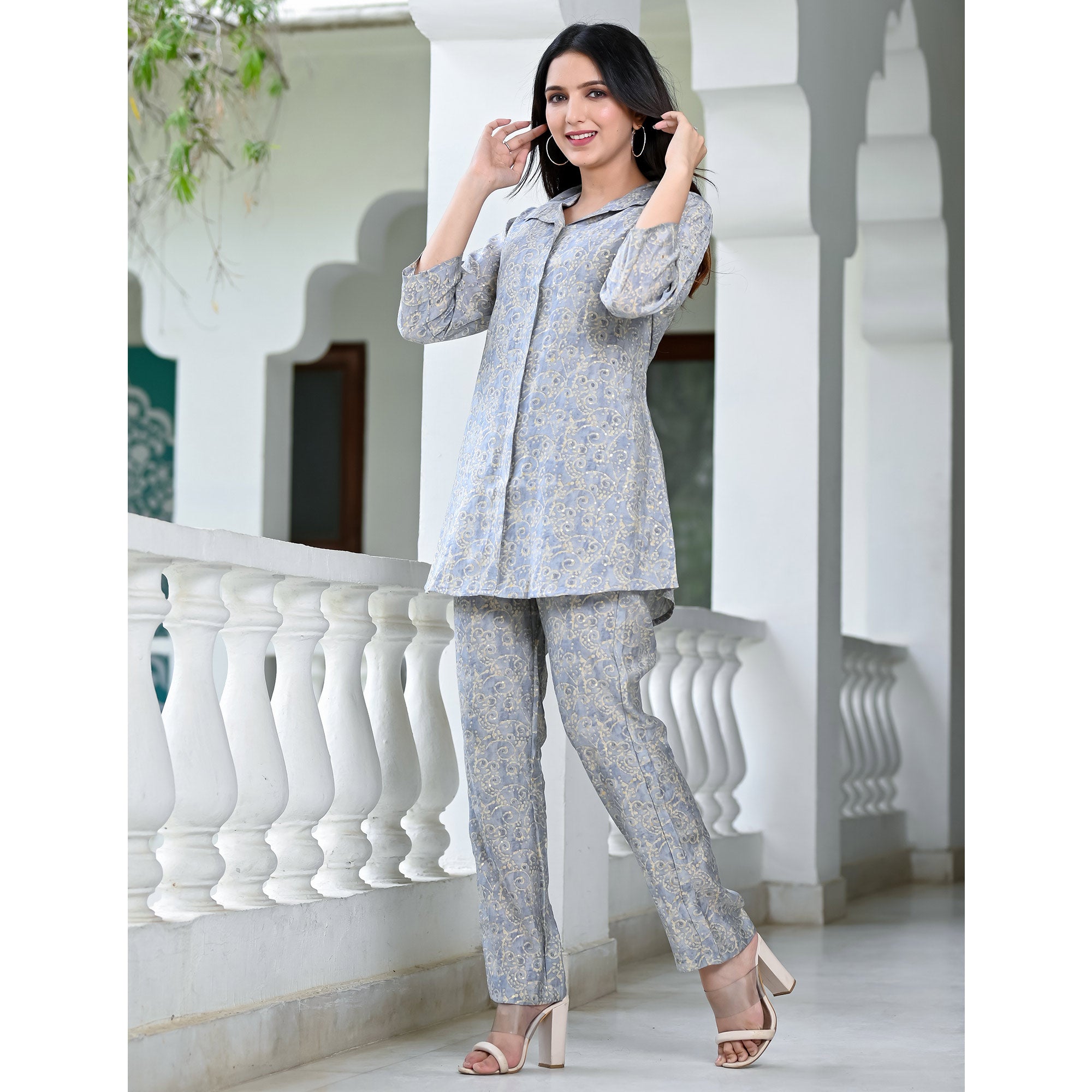 Grey Floral Printed Chanderi Co Ord Set