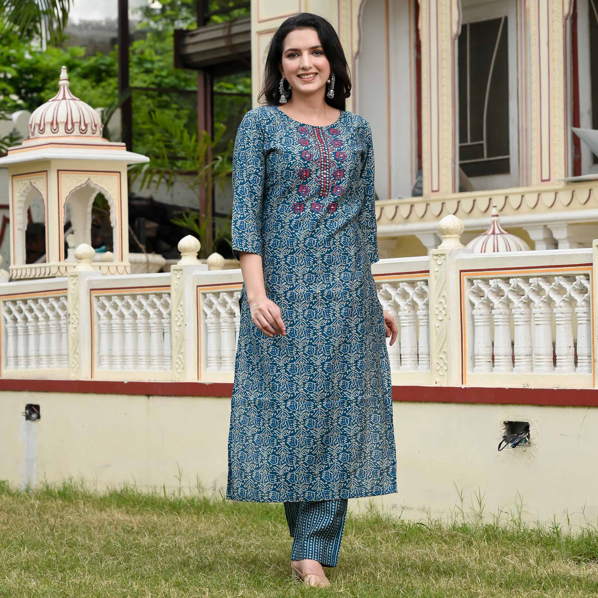 Blue Floral Printed Modal Kurti Pant Set