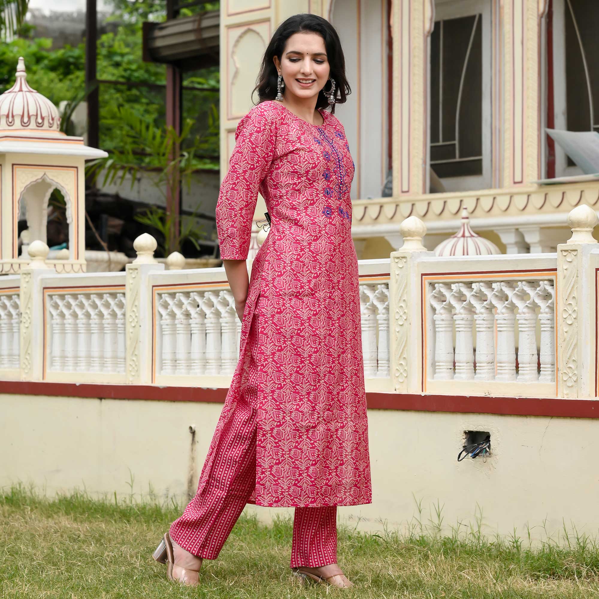 Pink Floral Printed Modal Kurti Pant Set