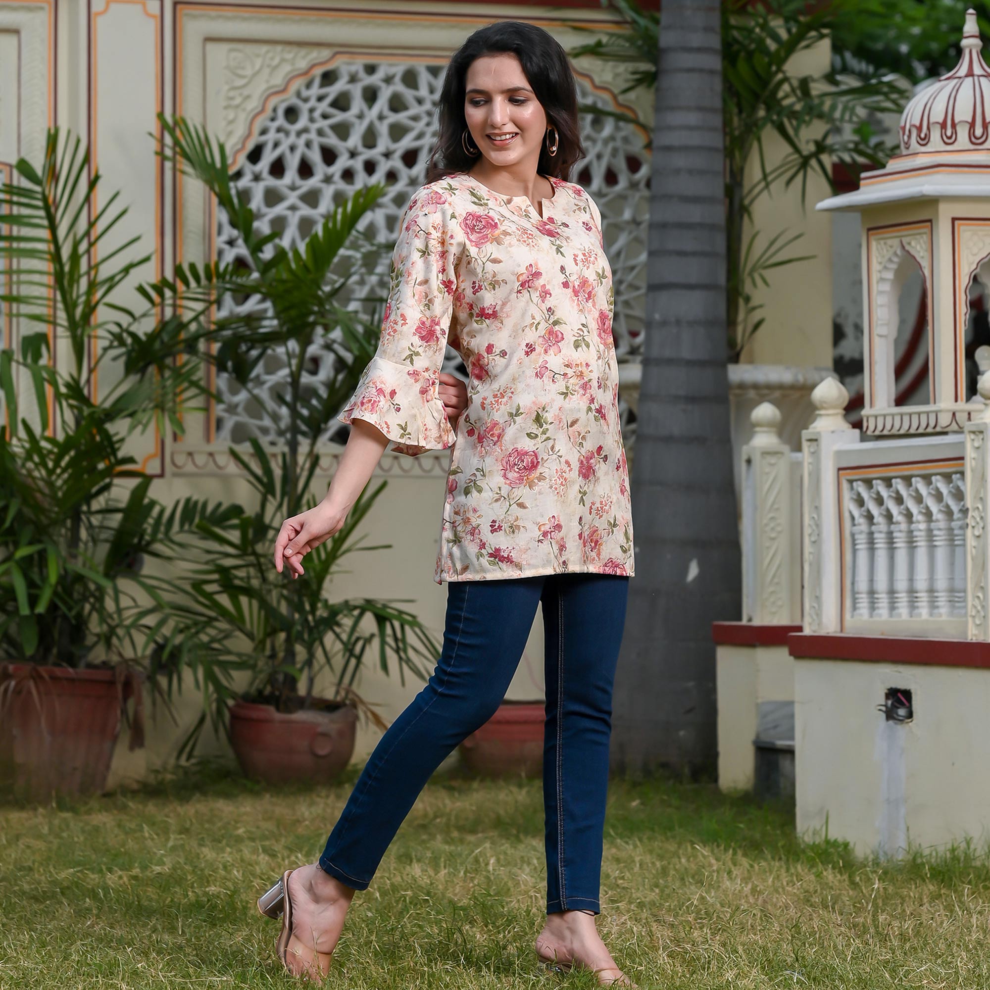 White & Peach Floral Printed Rayon Top