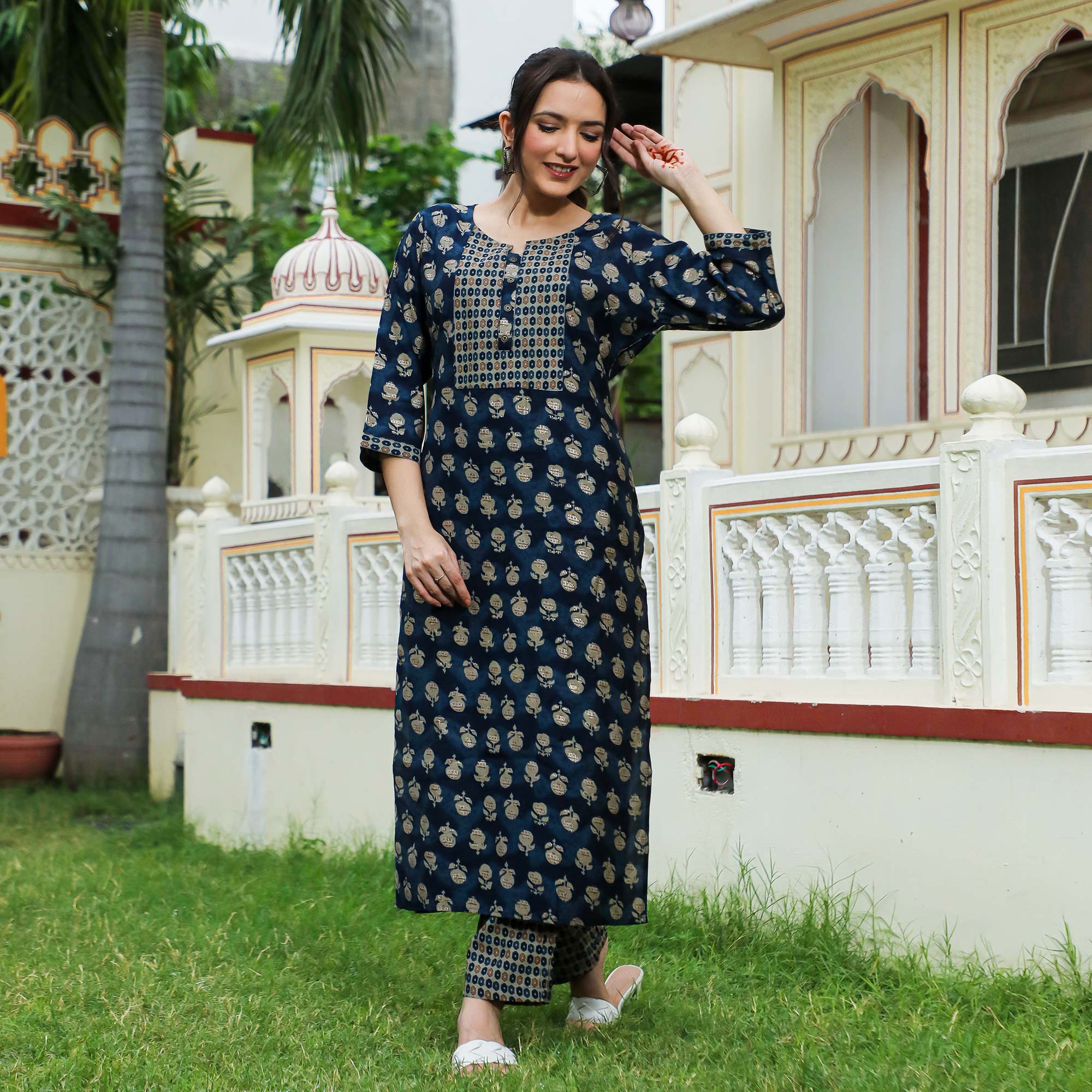 Blue Floral Foil Printed Modal Suit