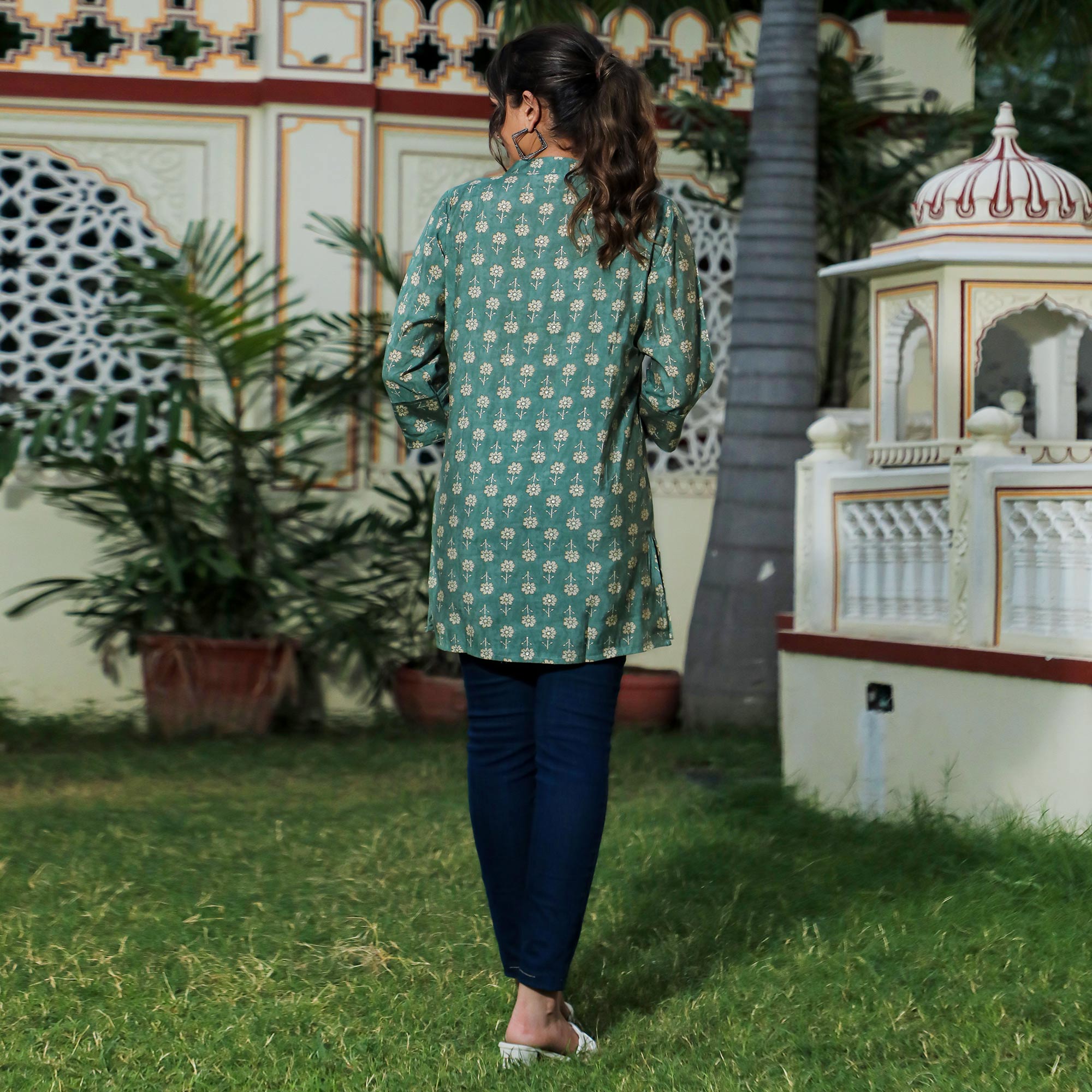 Green Floral Foil Printed Chanderi Top