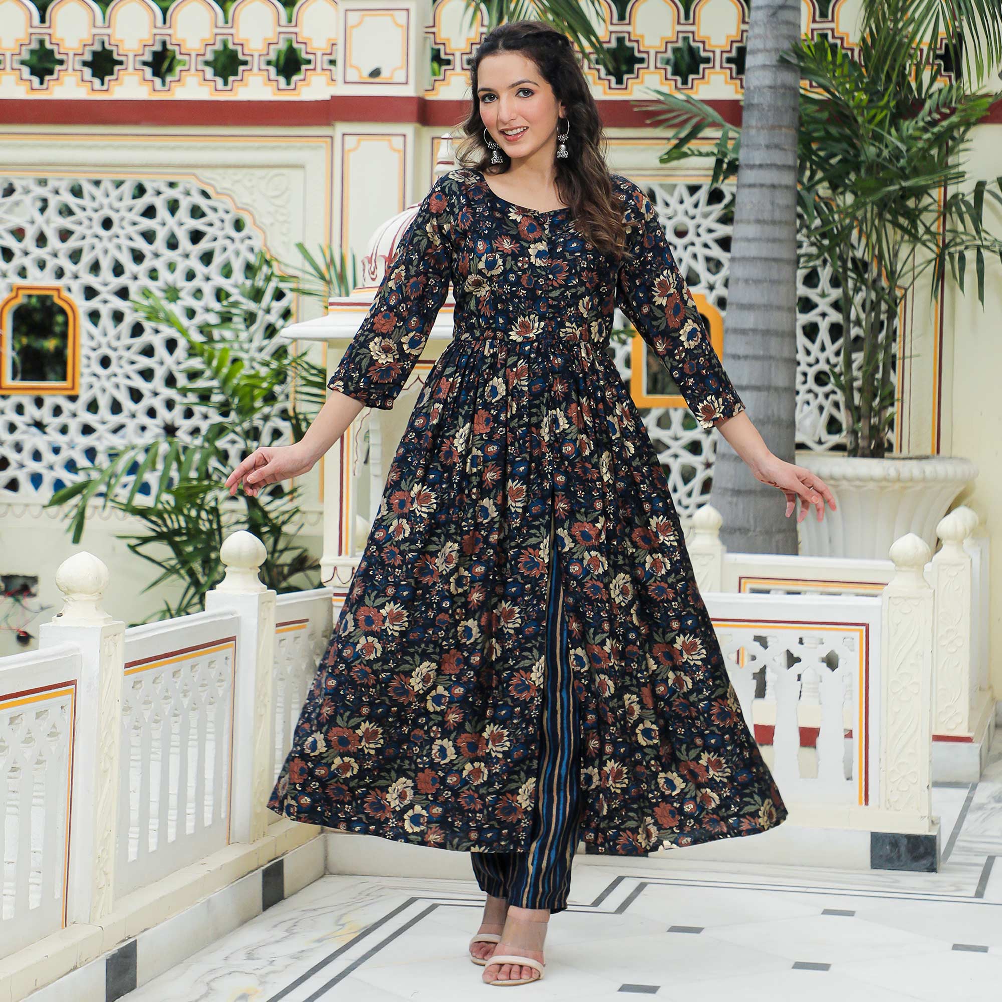 Blue Floral Foil Printed Chanderi Suit