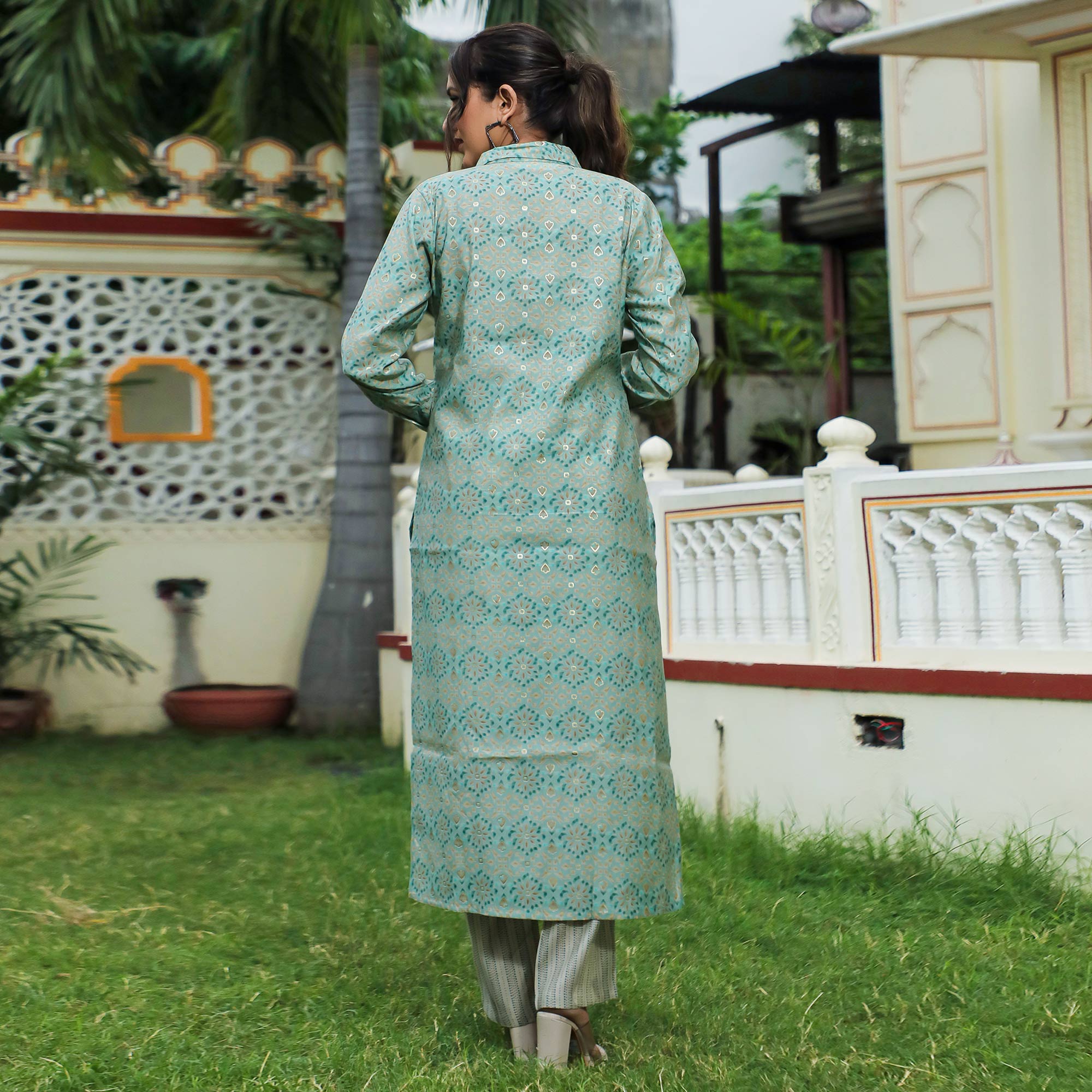 Green Foil Printed Chanderi Kurti Pant Set