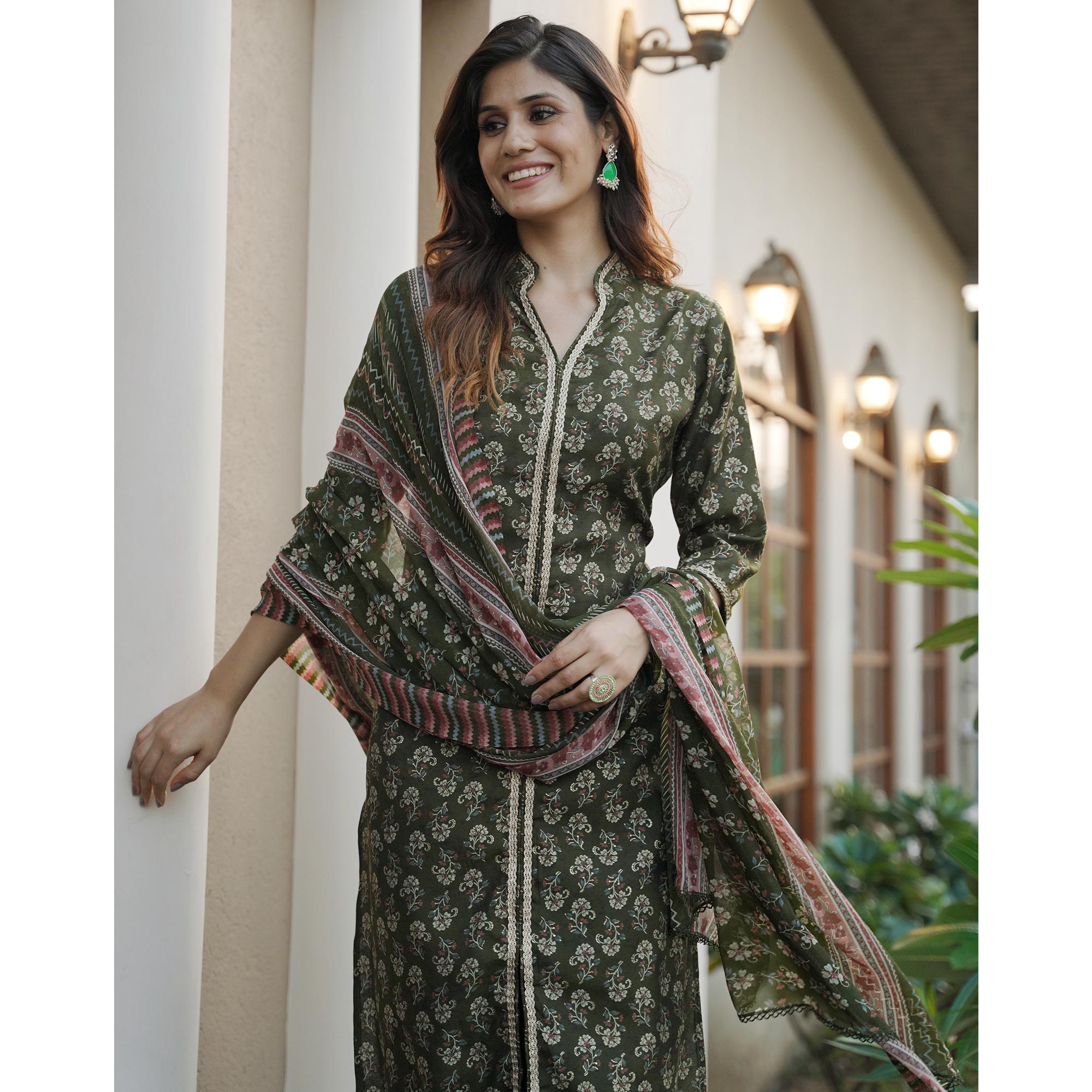 Green Floral Foil Printed Modal Suit