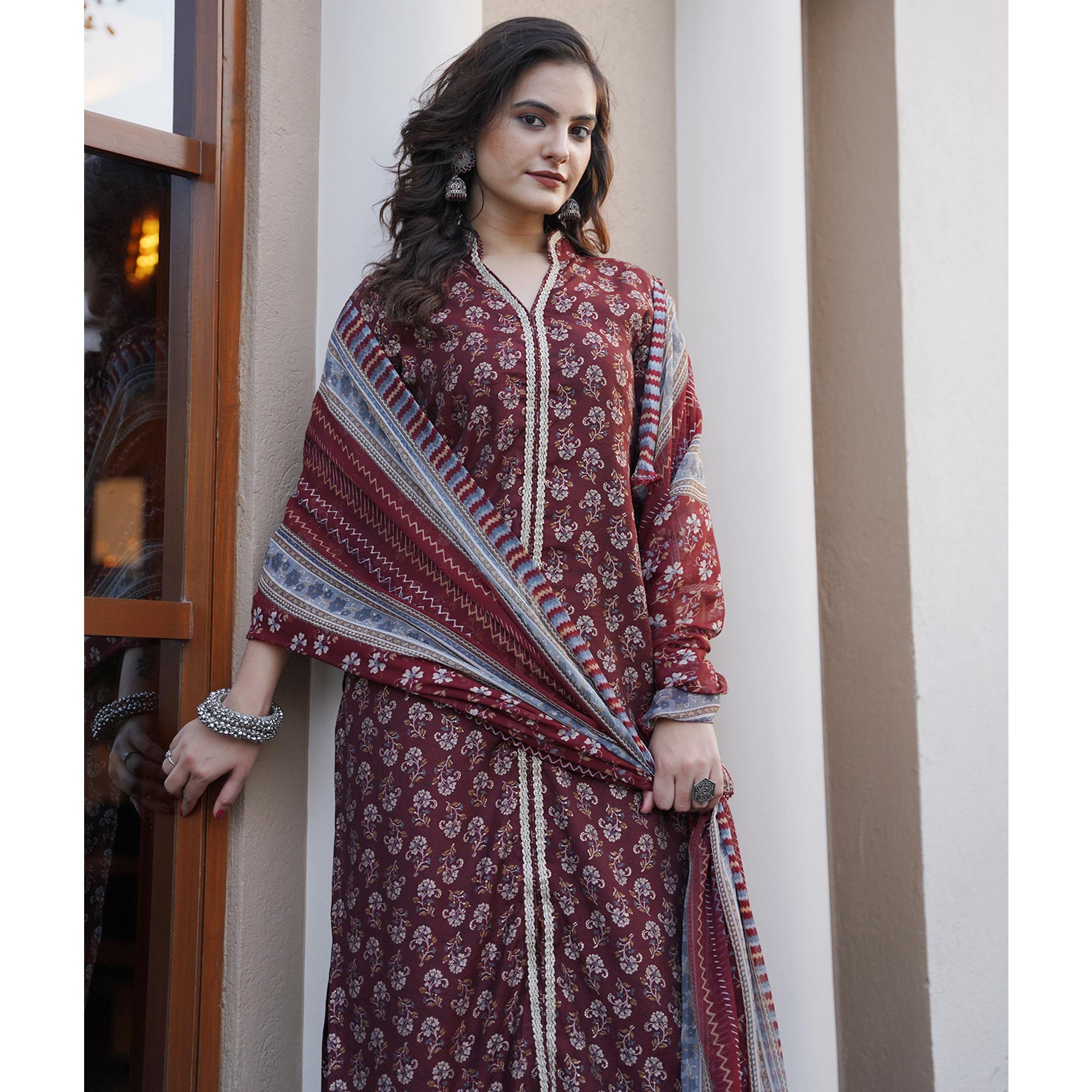 Maroon Floral Foil Printed Modal Suit