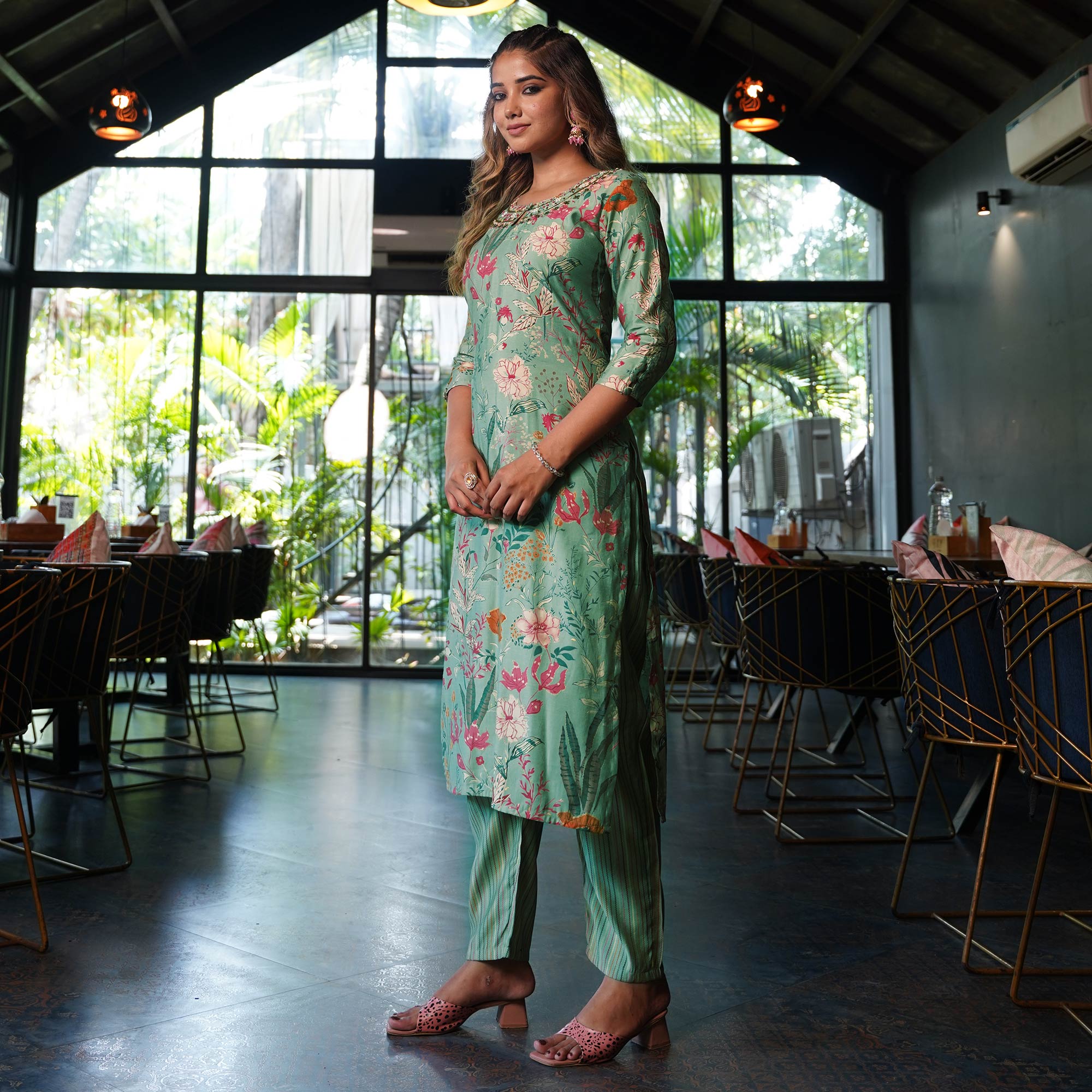 Turquoise Straight Chanderi Silk Suit With Handcrafted & Foil Print