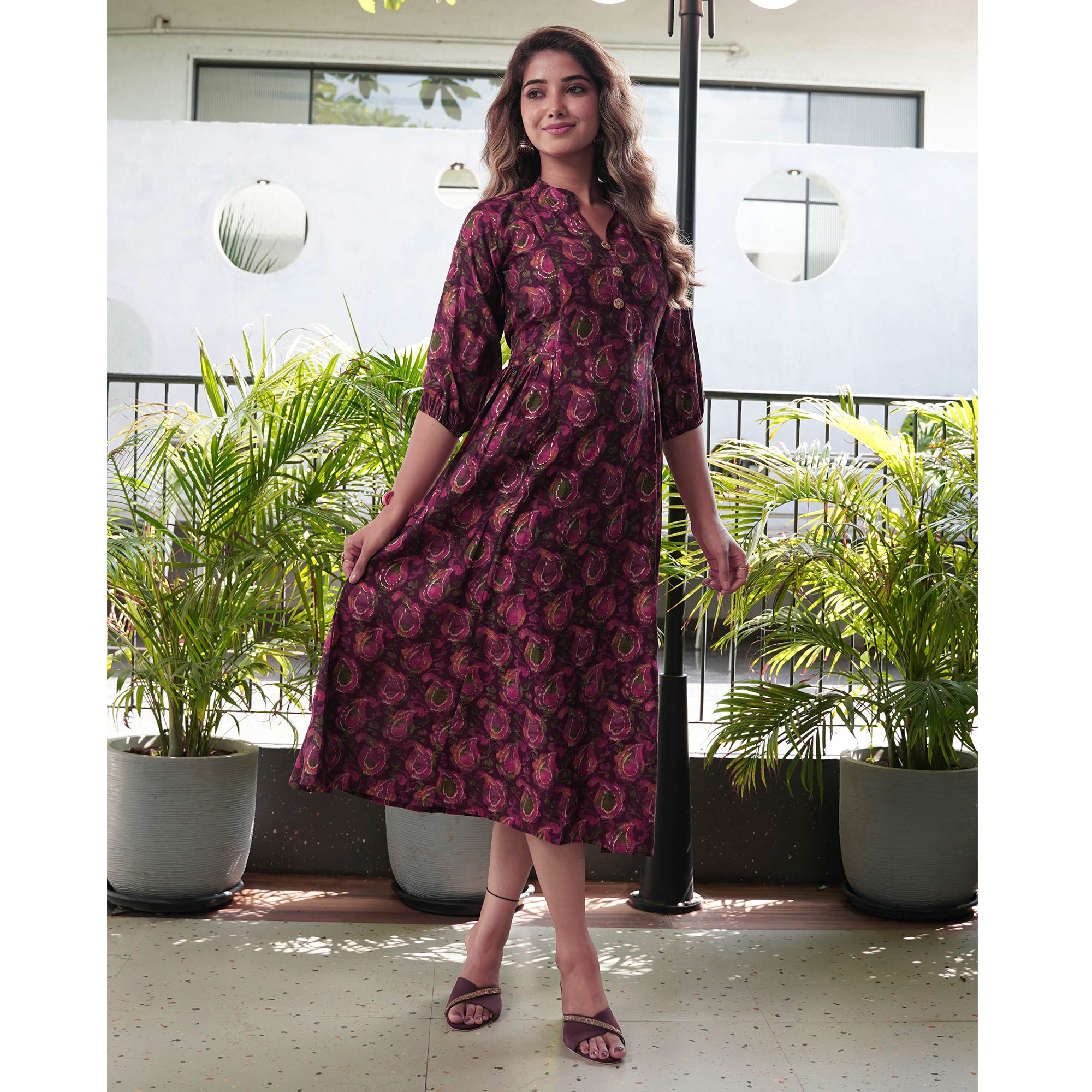 Wine Paisley Printed Chanderi A-Line Dress