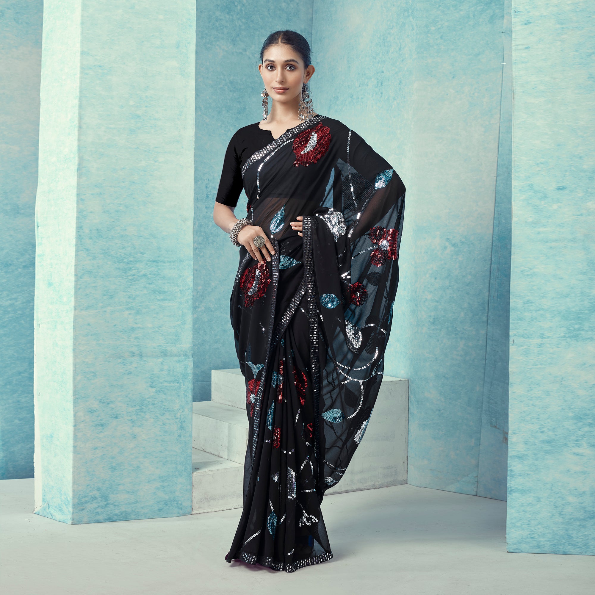 Black Sequins Embroidered Georgette Saree