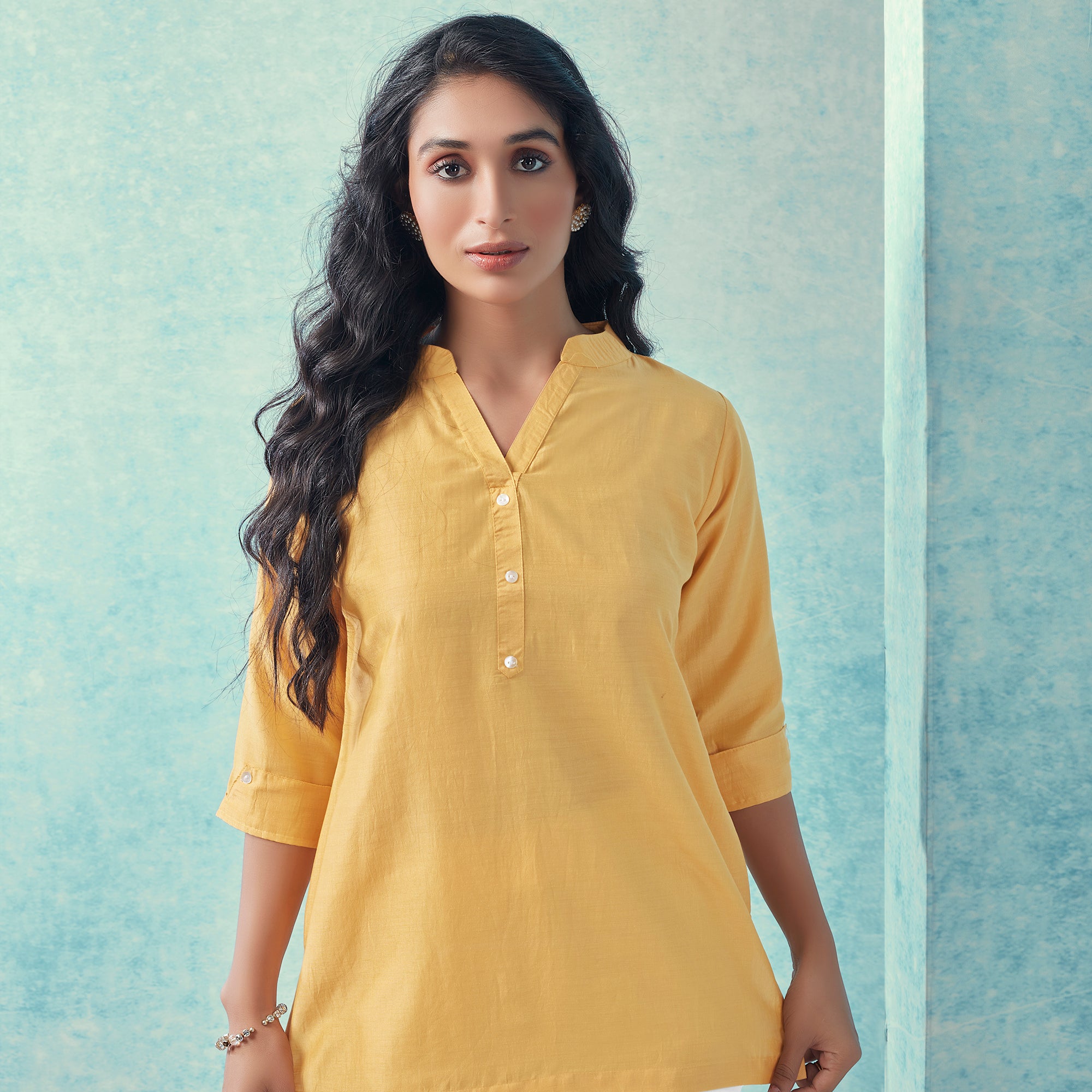Yellow Solid Cotton Blend Top