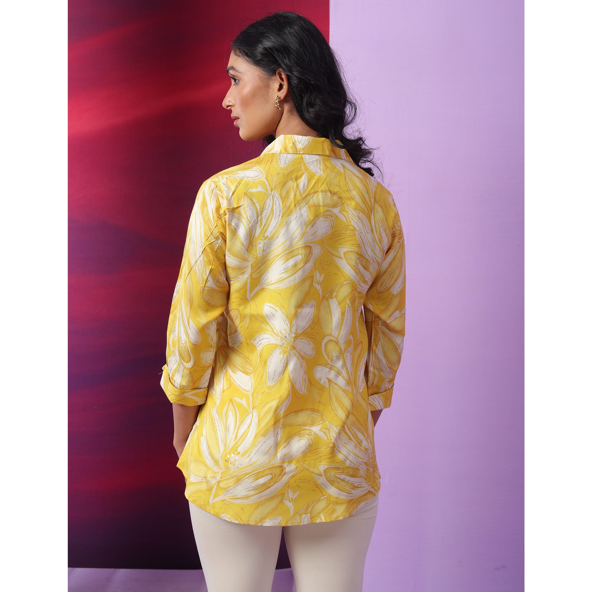 Yellow & White Floral Foil Printed Muslin Top