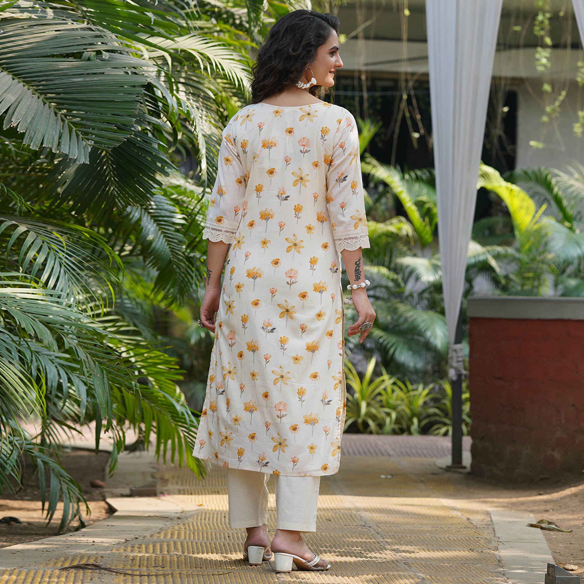 Off White & Yellow Floral Printed Pure Cotton Salwar Suit