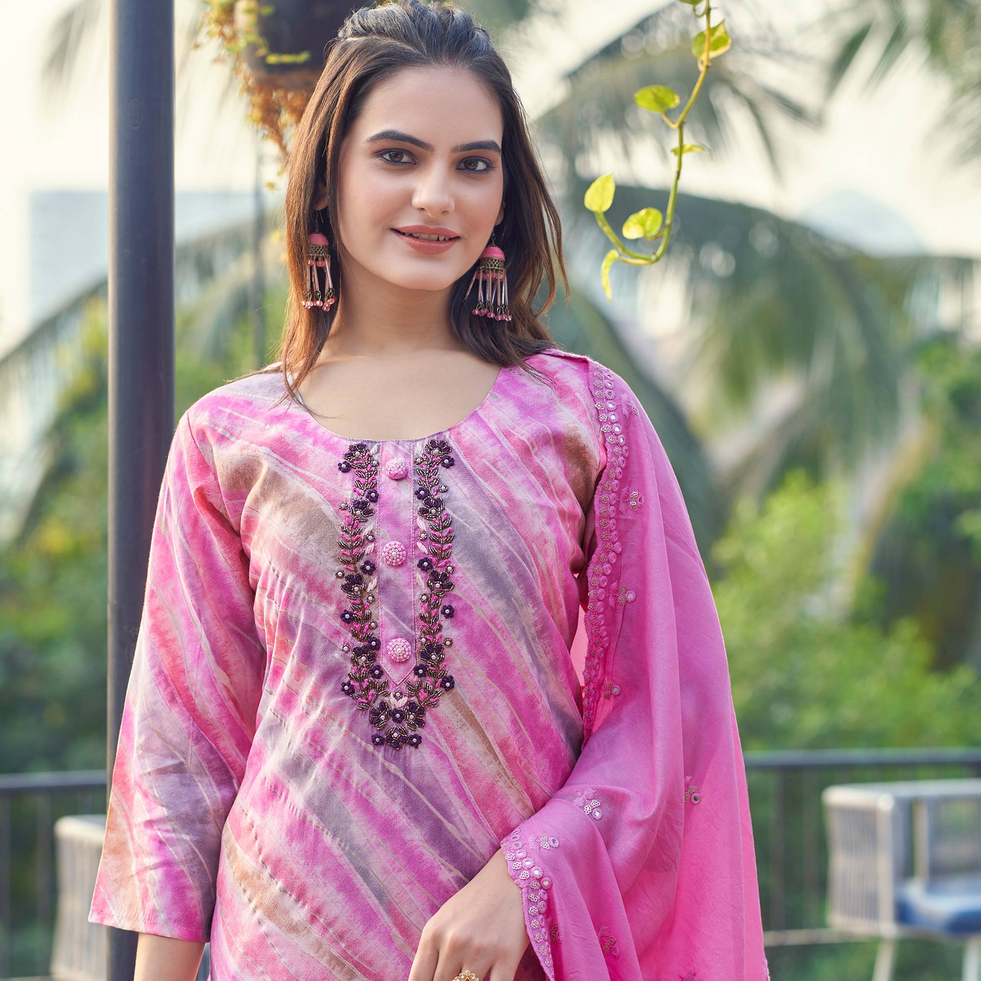 Pink Foil Printed Chanderi Silk Salwar Suit