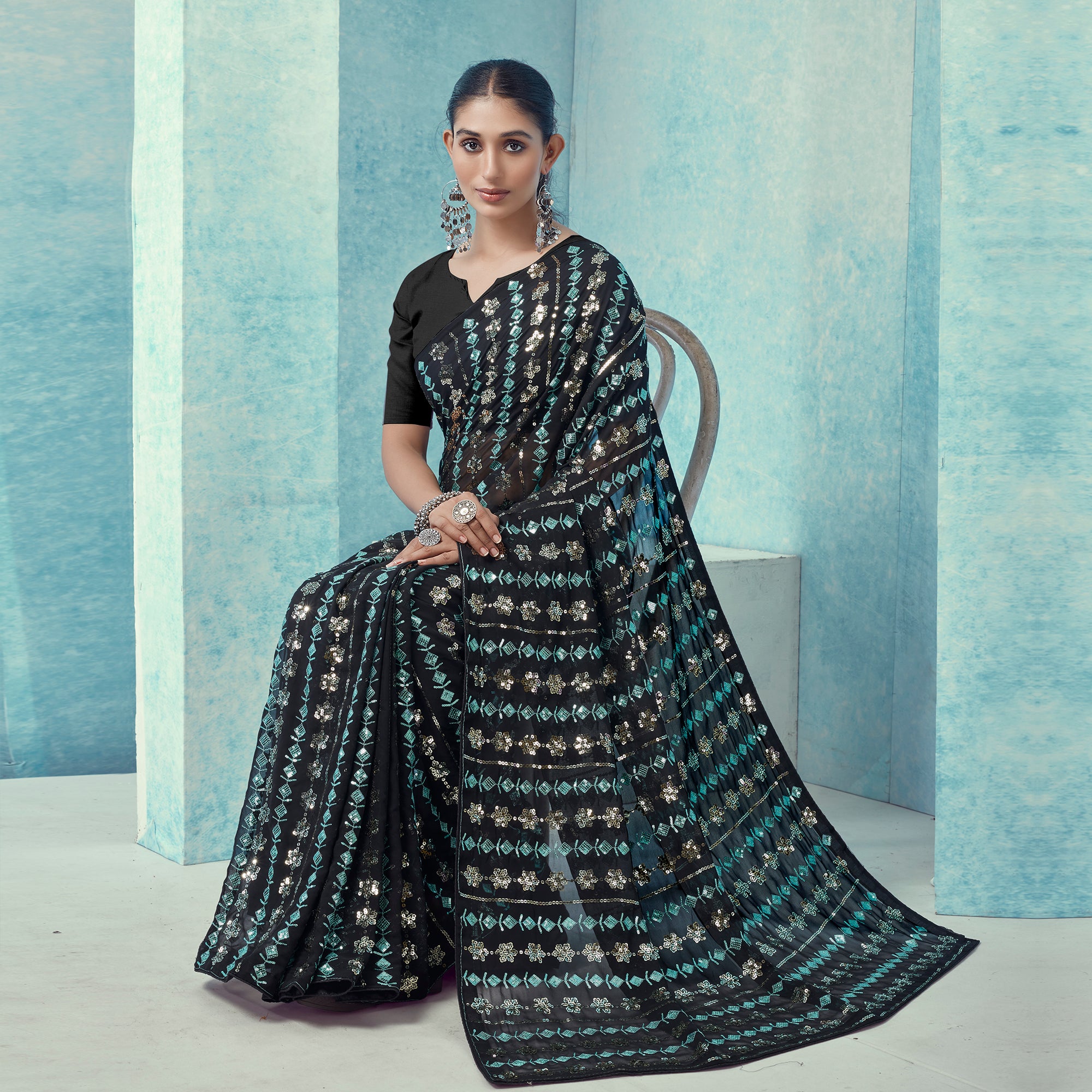 Black Sequins Embroidered Georgette Saree