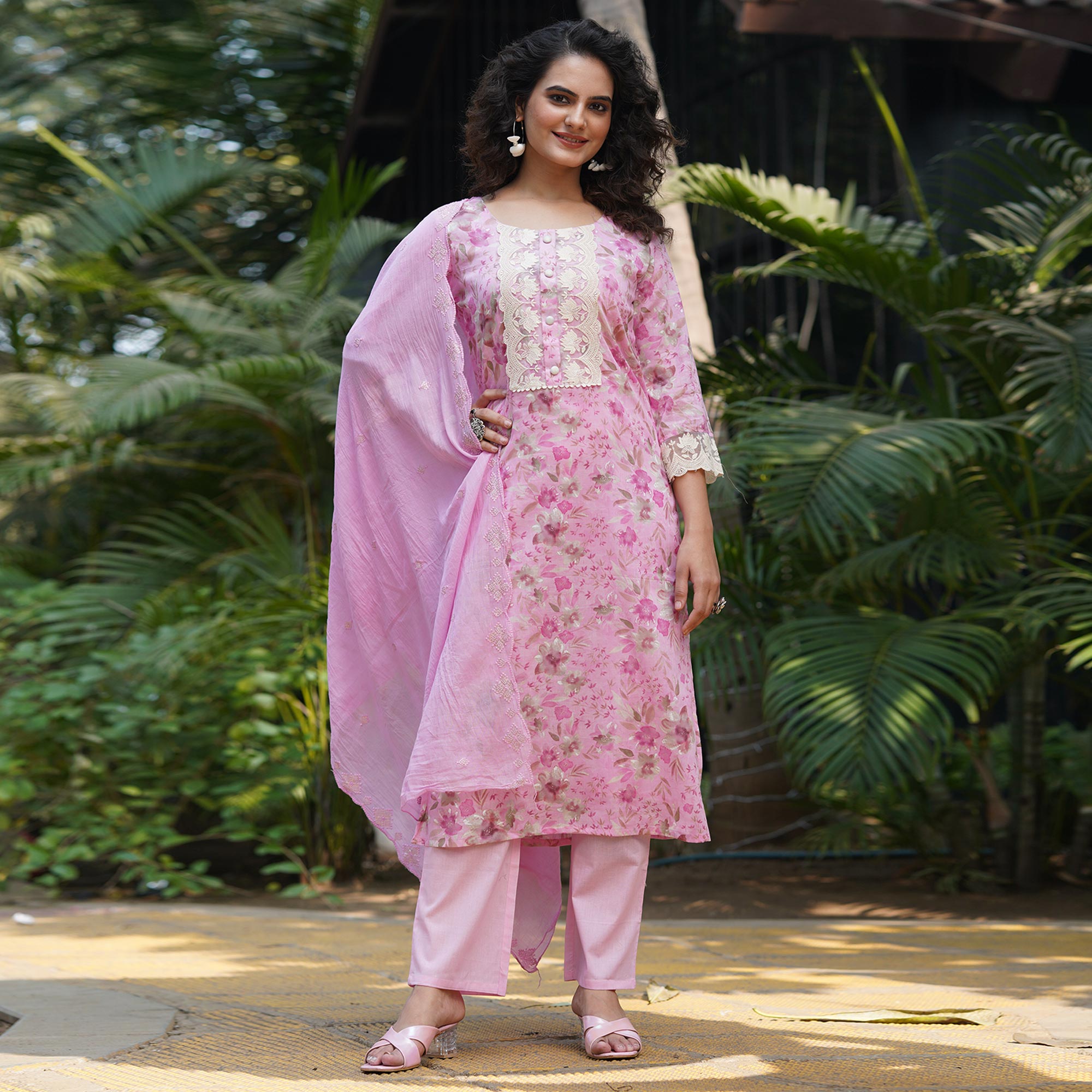 Pink Straight Pure Cotton Suit With Foil Print & Yoke Embroidery