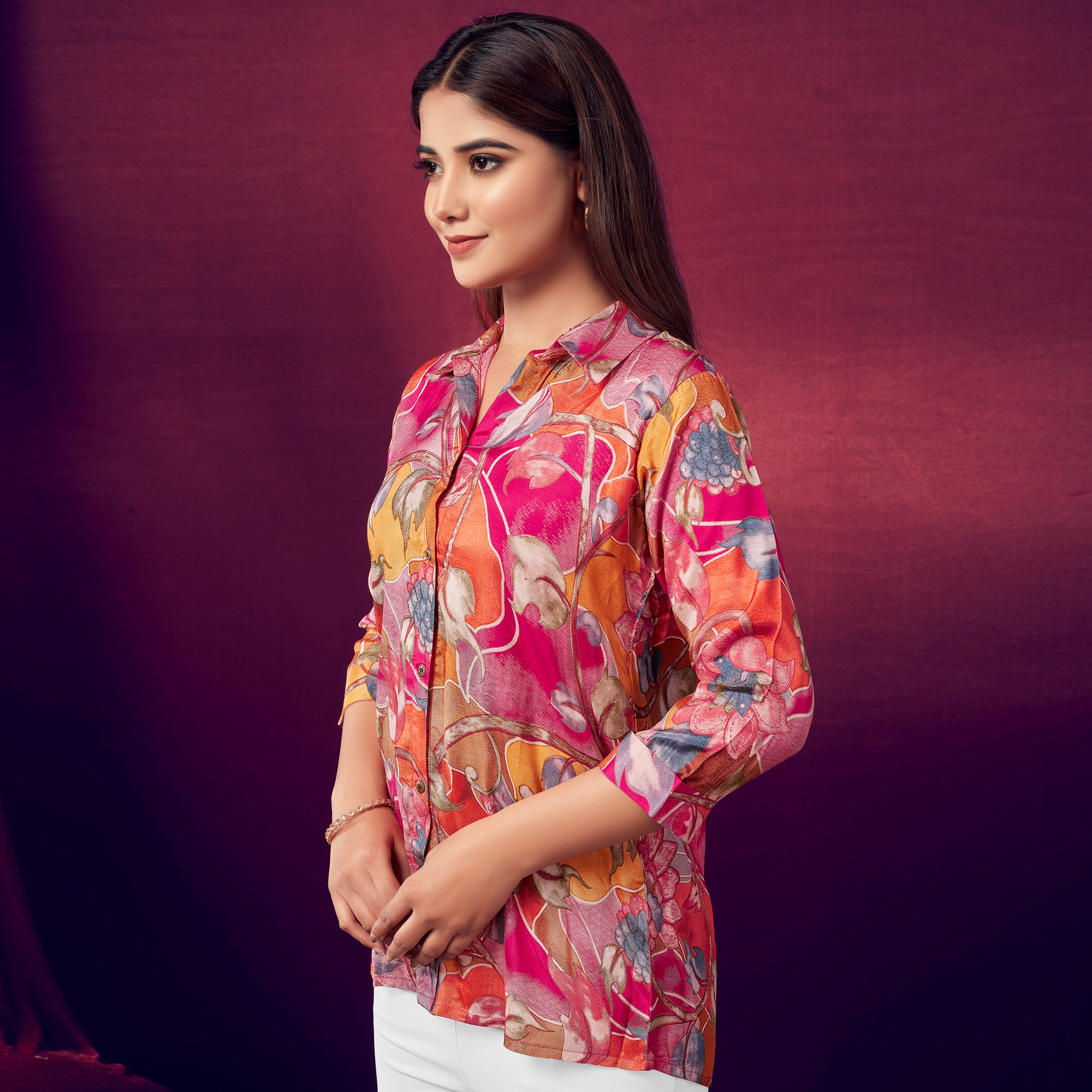 Pink Foil Printed Straight Muslin Top