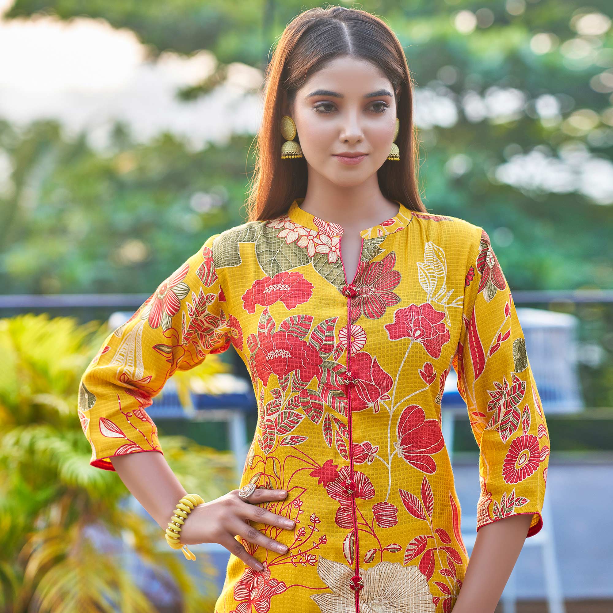 Mustard Floral Foil Printed Pure Cotton Kurti Sets