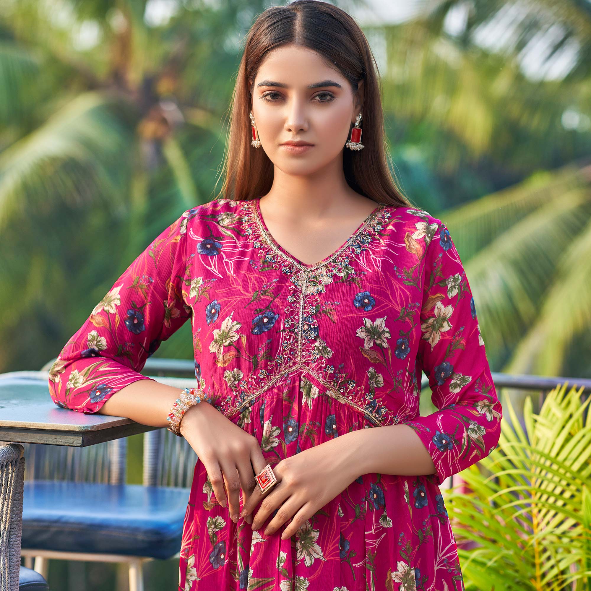 Pink Chinon Floral Printed Alia Cut Sharara Suit With Beads Handcraft