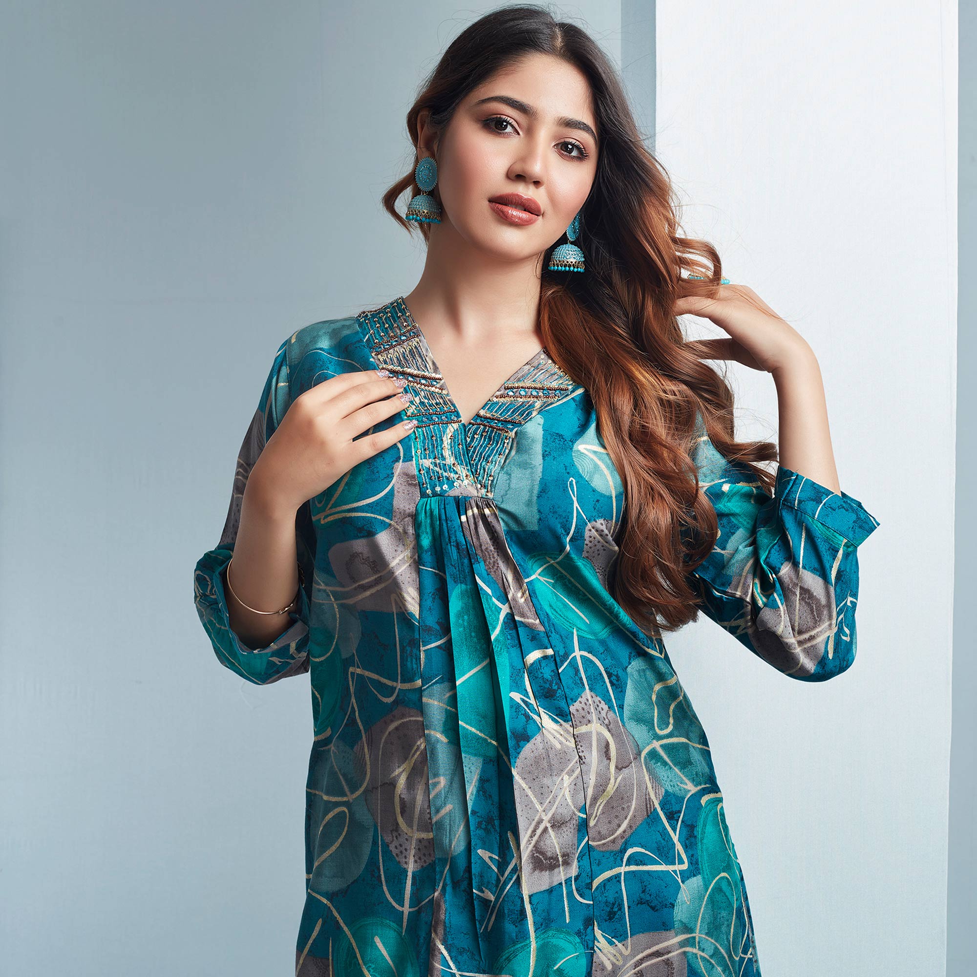 Teal Blue Foil Printed Chanderi Silk Co Ord Set With Handcrafted